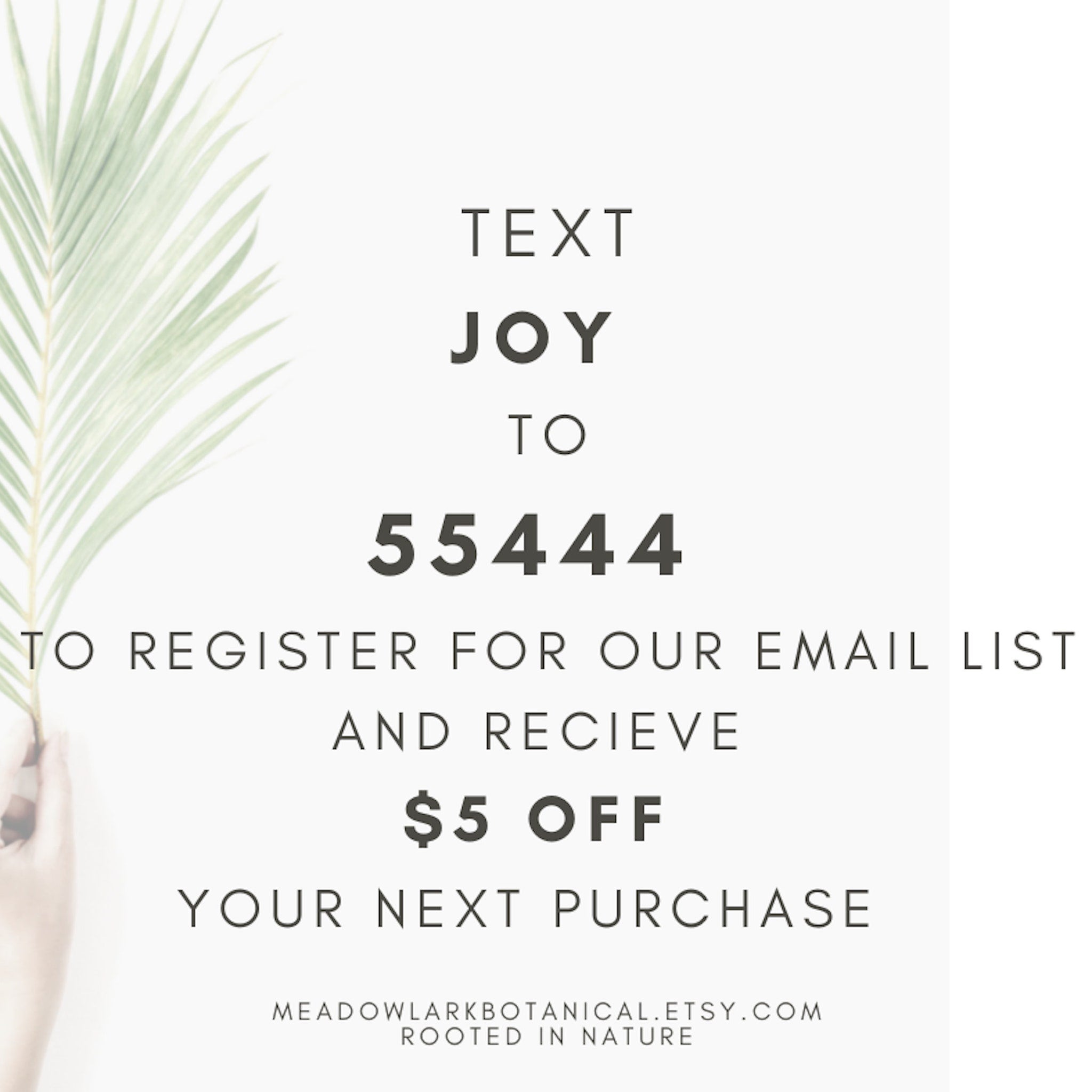 Email signup graphic with white background, green leaf, and black text advertising $5 off next purchase