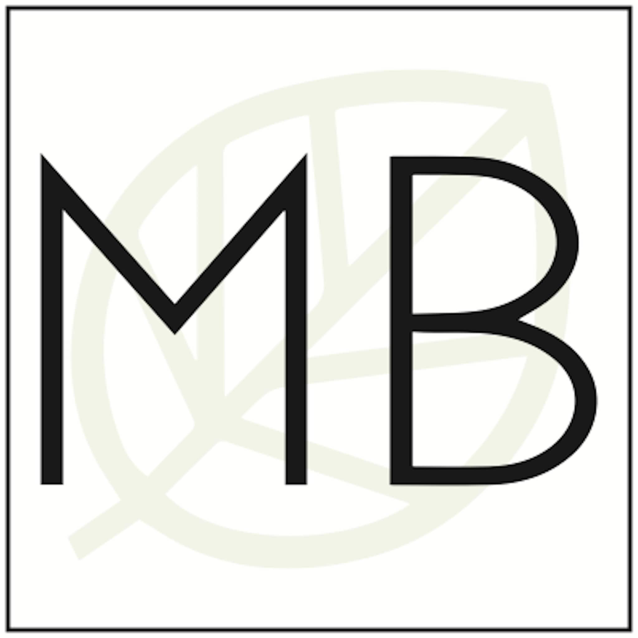 Logo with black "MB" letters, white background, and a light green leaf design behind it