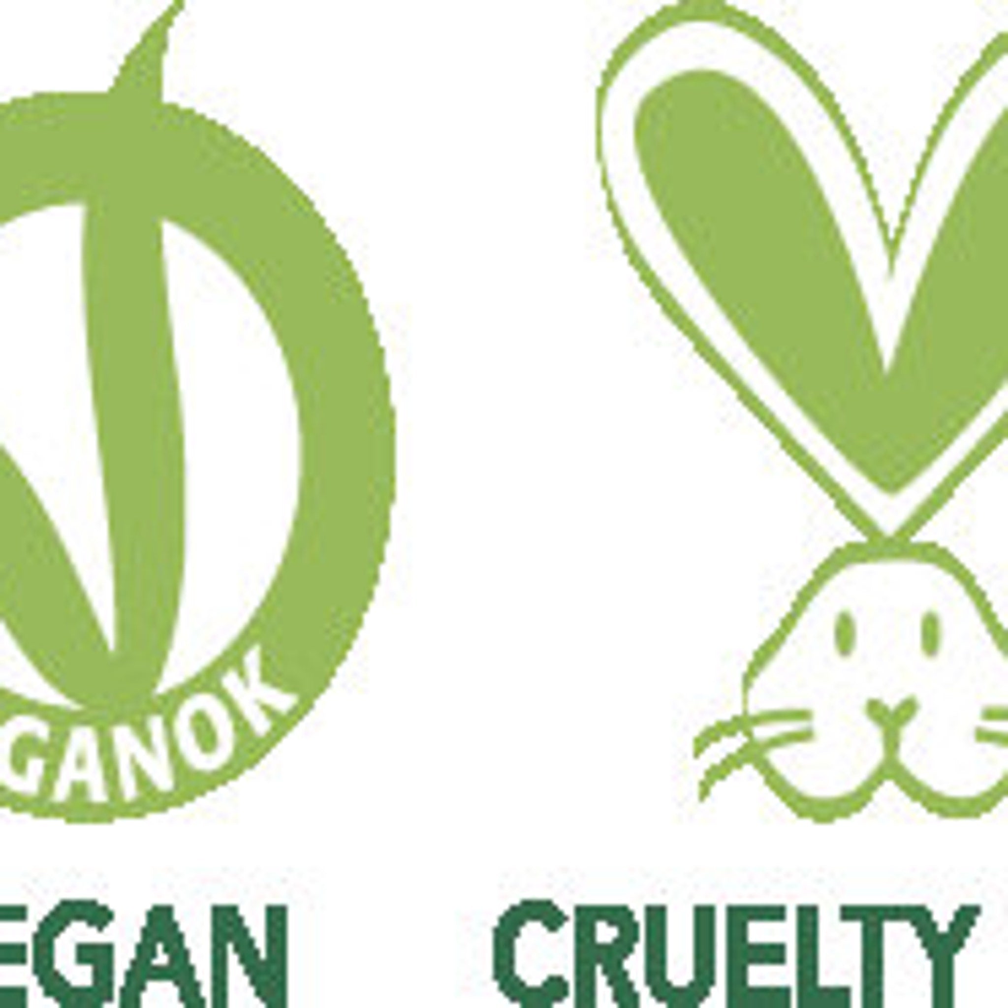 Vegan and Cruelty-Free logos, green and white color scheme, text "Vegan" and "Cruelty Free" below logos.