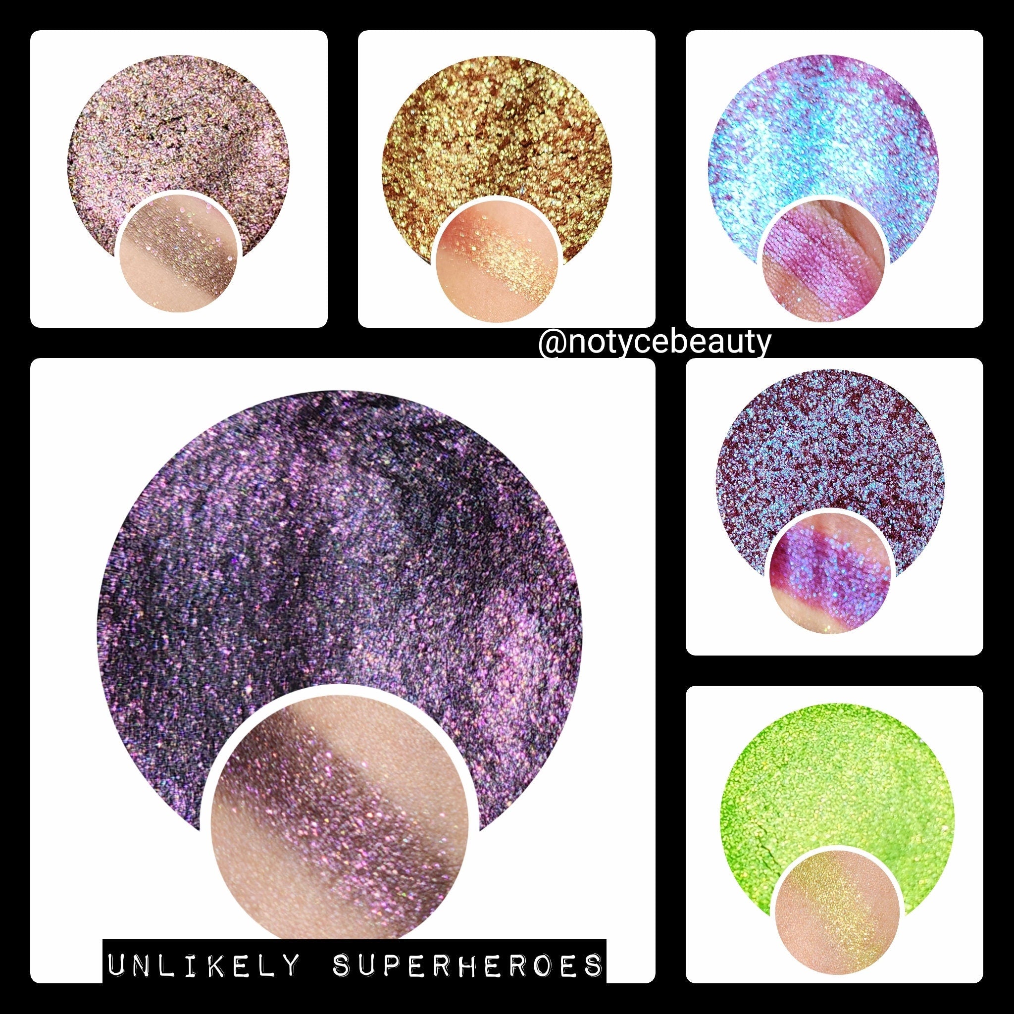 Close-up of trichrome eyeshadow pan showing vibrant color shift from teal to purple with shimmer particles.