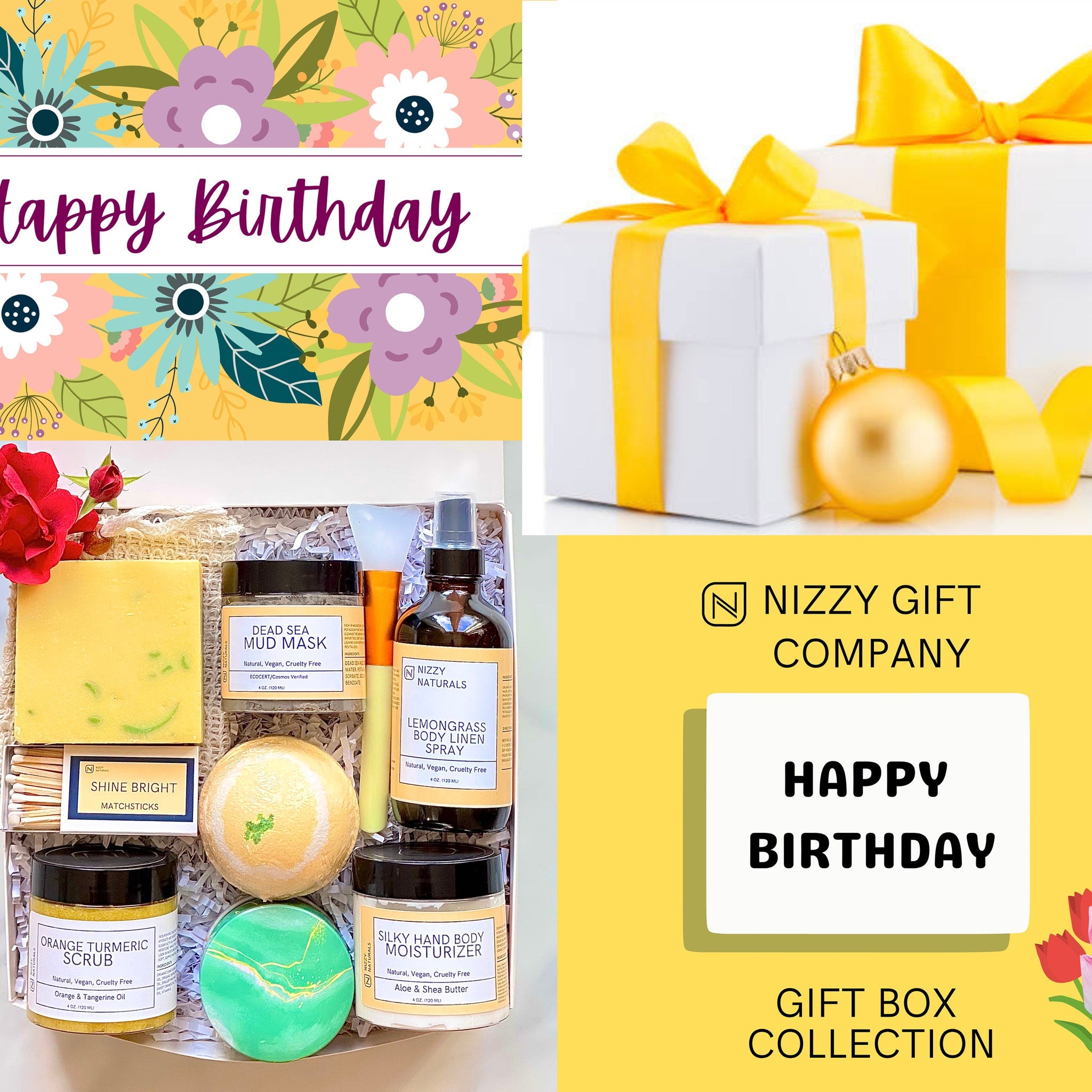 Gift box with white, yellow ribbon, and Happy Birthday text on yellow background