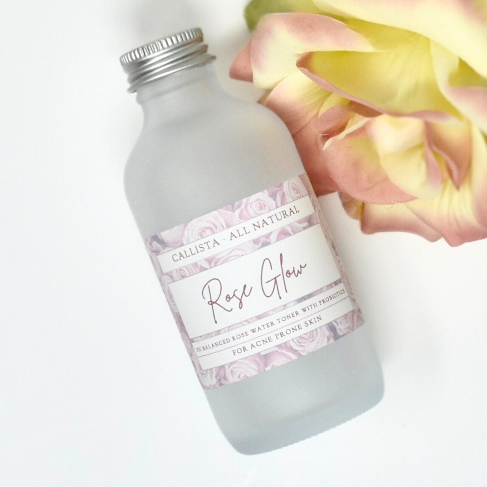 Toner & Astringents bottle, frosted glass, silver cap, Callista Naturals label with rose pattern