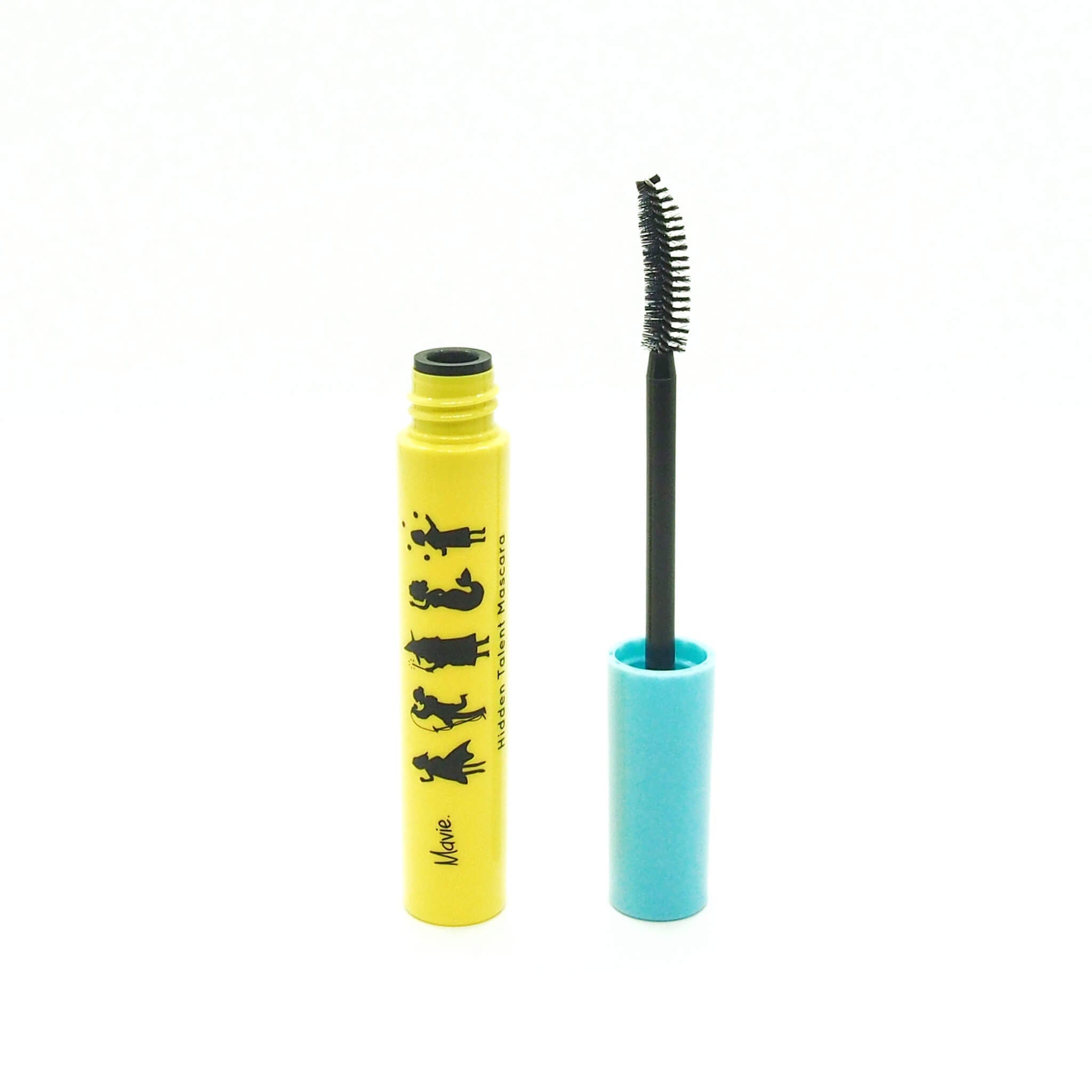 Mascara tube with yellow body, black brush, and light blue cap, "Mavie" brand visible
