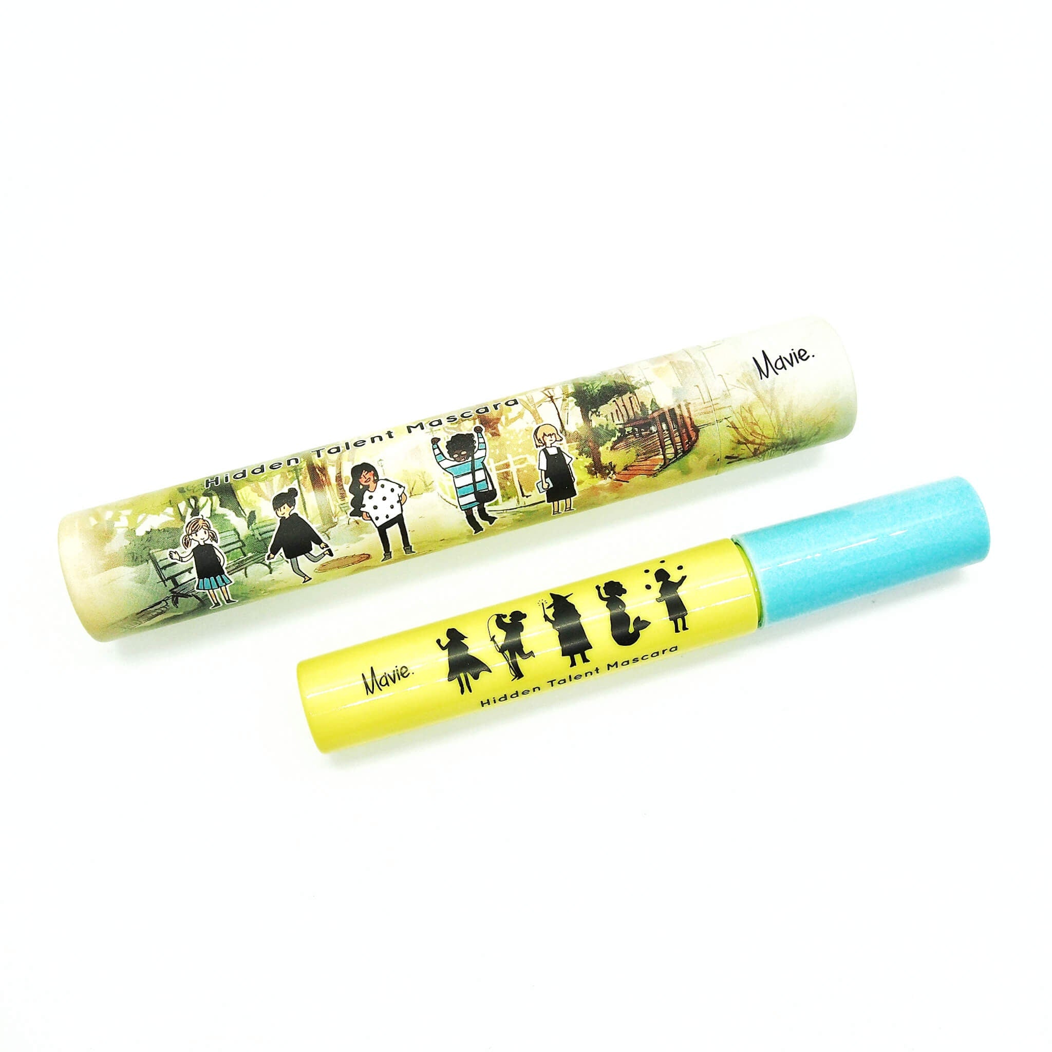 Mascara tubes with yellow and blue, printed with cartoon figures, and brand name Mavie.