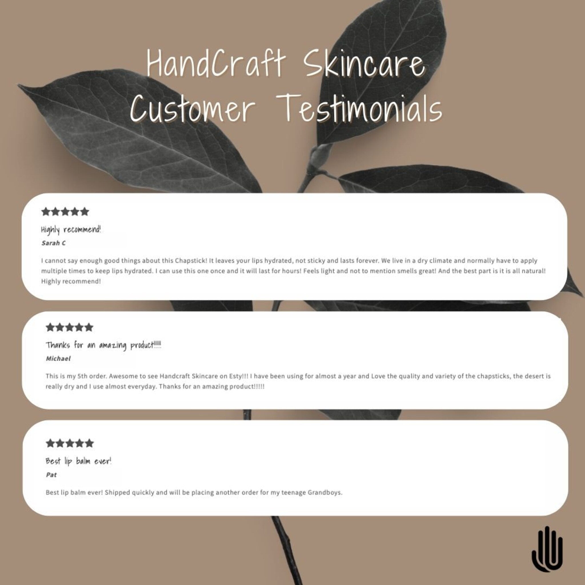 HandCraft Skincare customer testimonials on white and tan background with star ratings and text