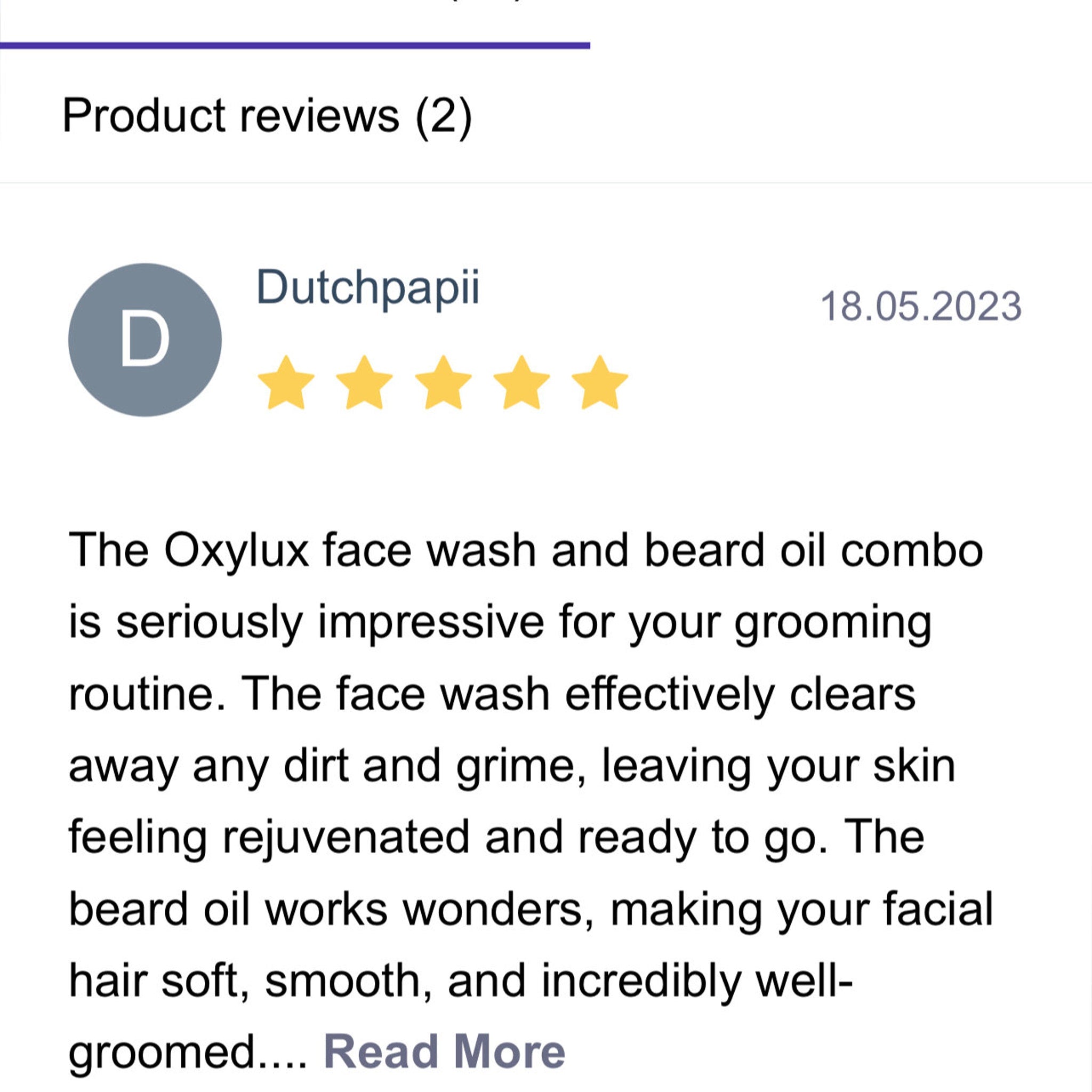 Product review with Dutchpapii profile, gray circle, yellow stars, and date 18.05.2023 displayed