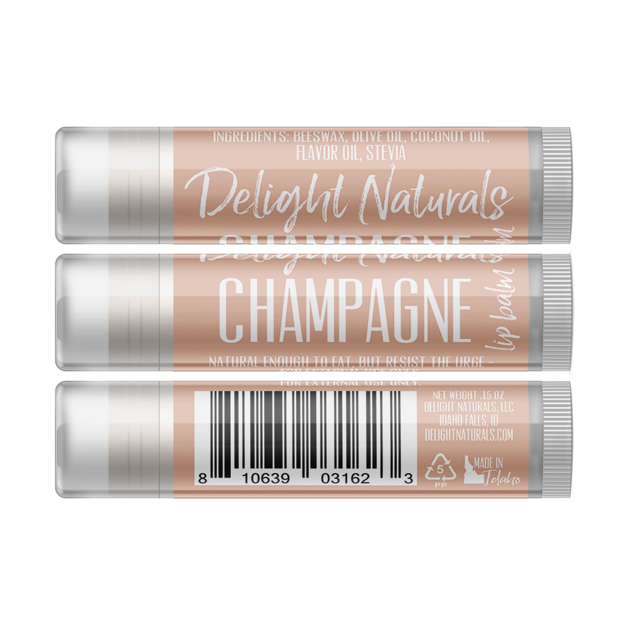 Lip balm tube with white, tan, and silver colors, Delight Naturals branding visible