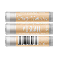 Lip balm with Delight Naturals branding, beige and silver tube, with vertical barcode on bottom section
