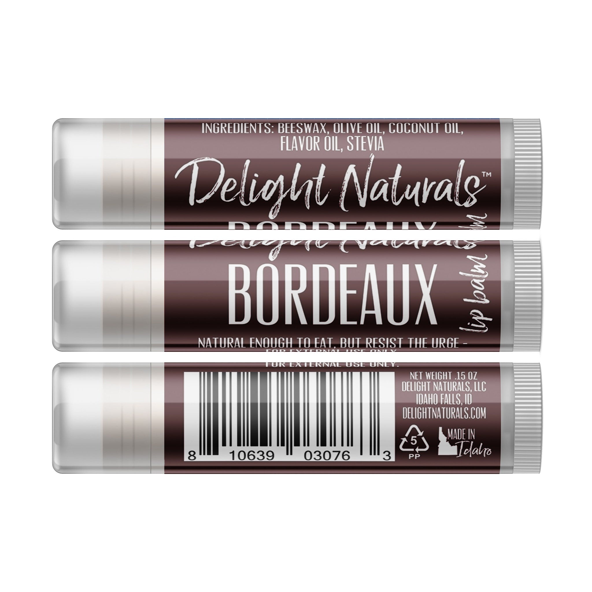 Lip balm tube with white, brown, and gray color scheme, Delight Naturals brand name visible