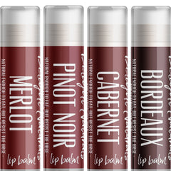 Lip balm tubes in red and white with wine names, Delight Naturals branding