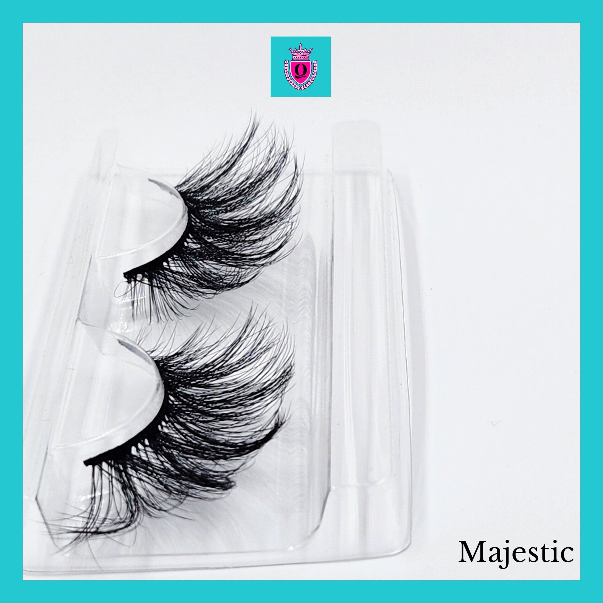 False eyelashes with black synthetic fibers in clear plastic packaging, Majestic brand name visible