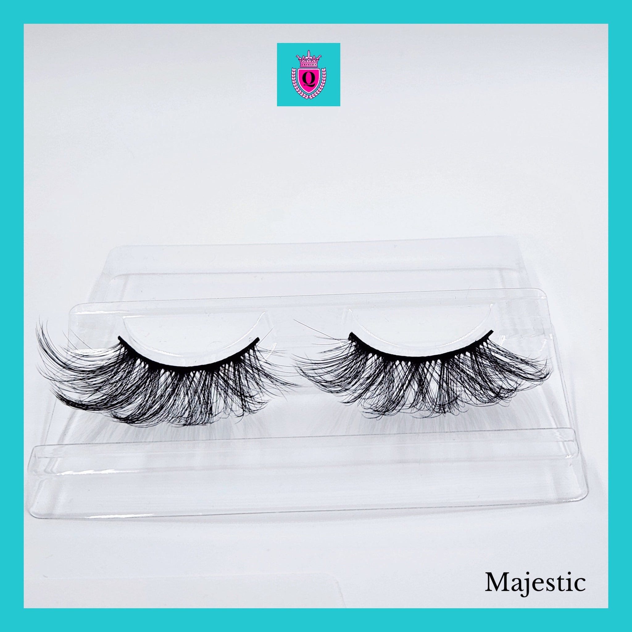 False eyelashes, black synthetic lashes in clear plastic packaging, brand name "Majestic" visible.