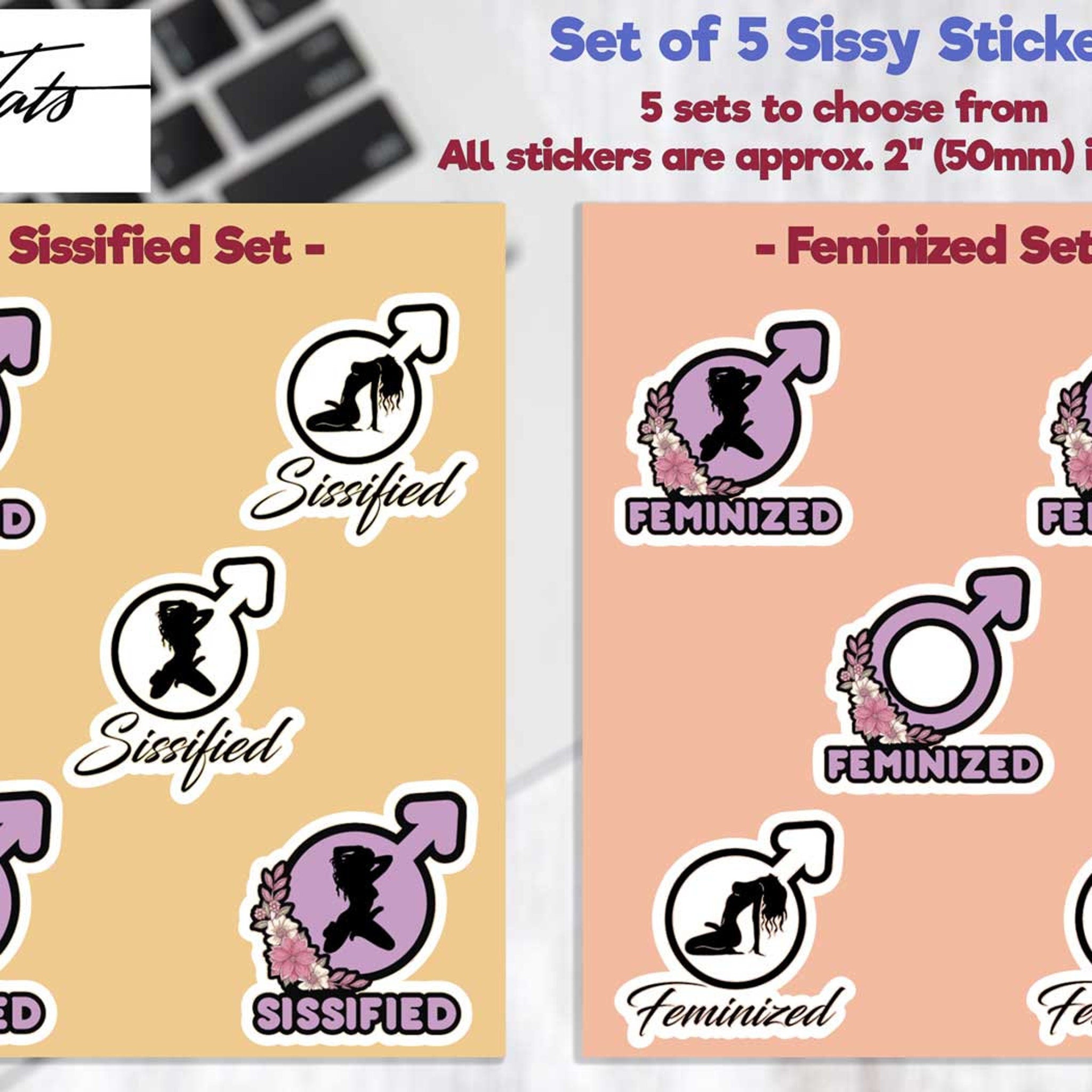 Five pastel-colored skincare stickers in floral packaging arranged diagonally on pink background
