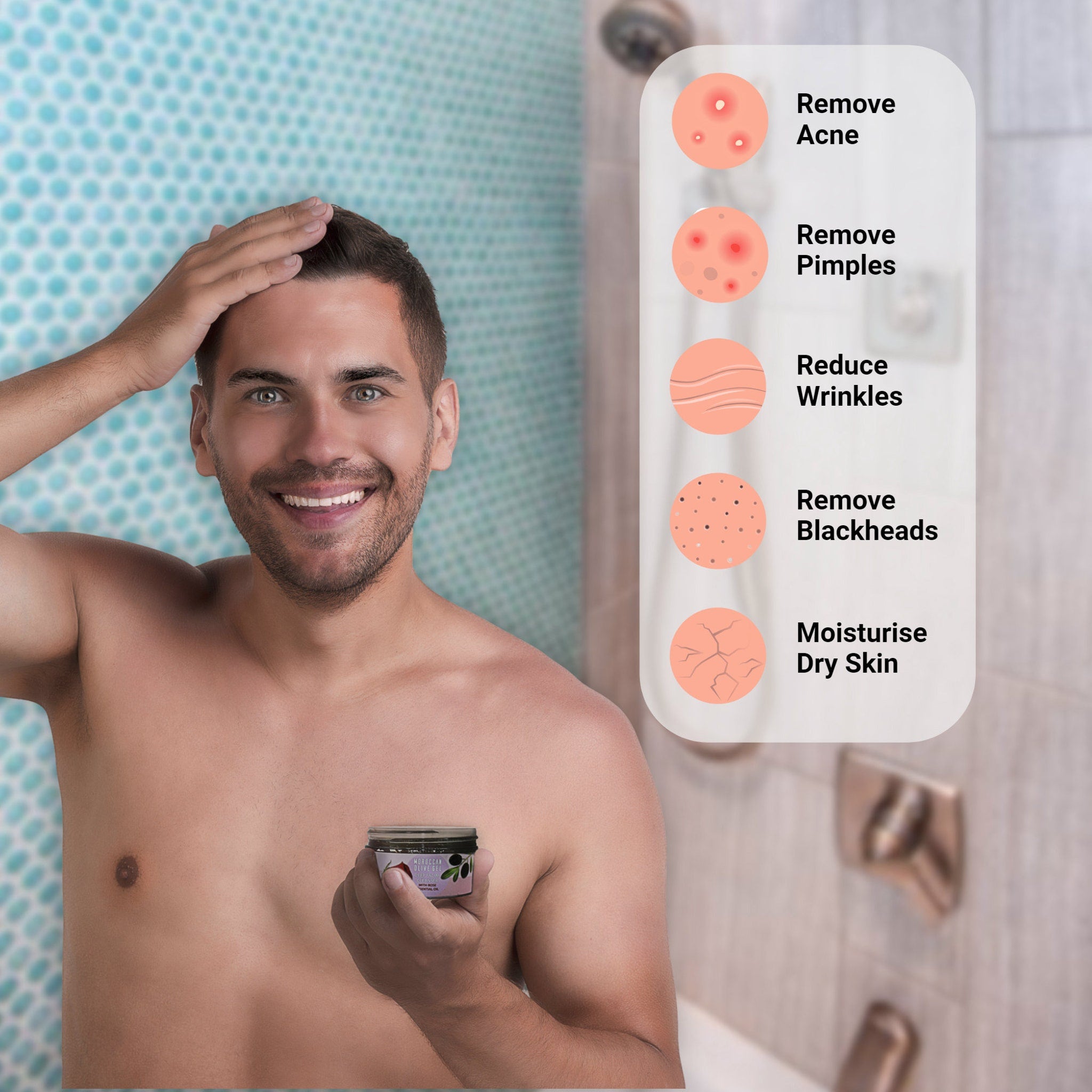 Skincare product with man holding jar, in bathroom setting, with text about skin benefits