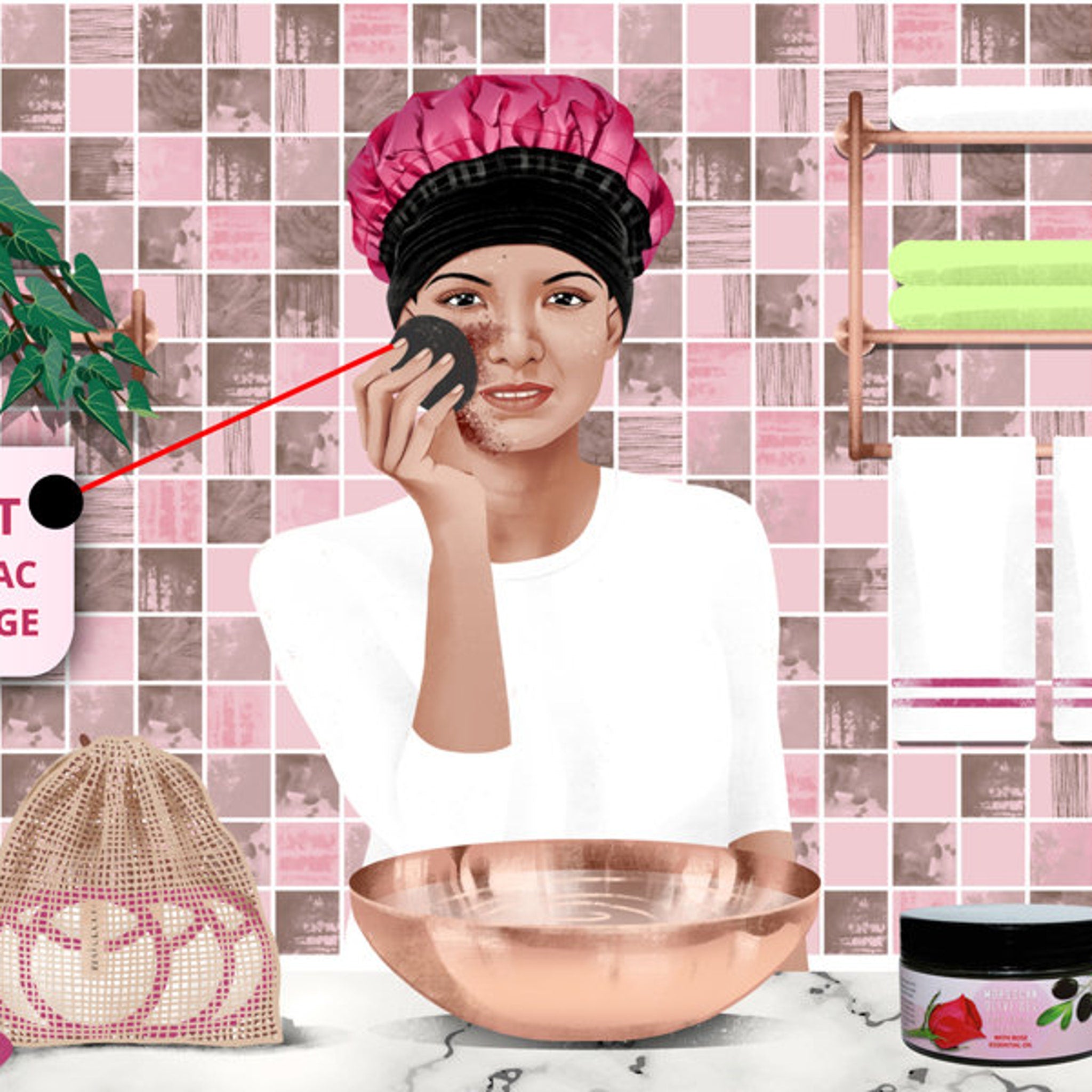 Facial cleansing sponge with black material, used on face, wearing pink cap