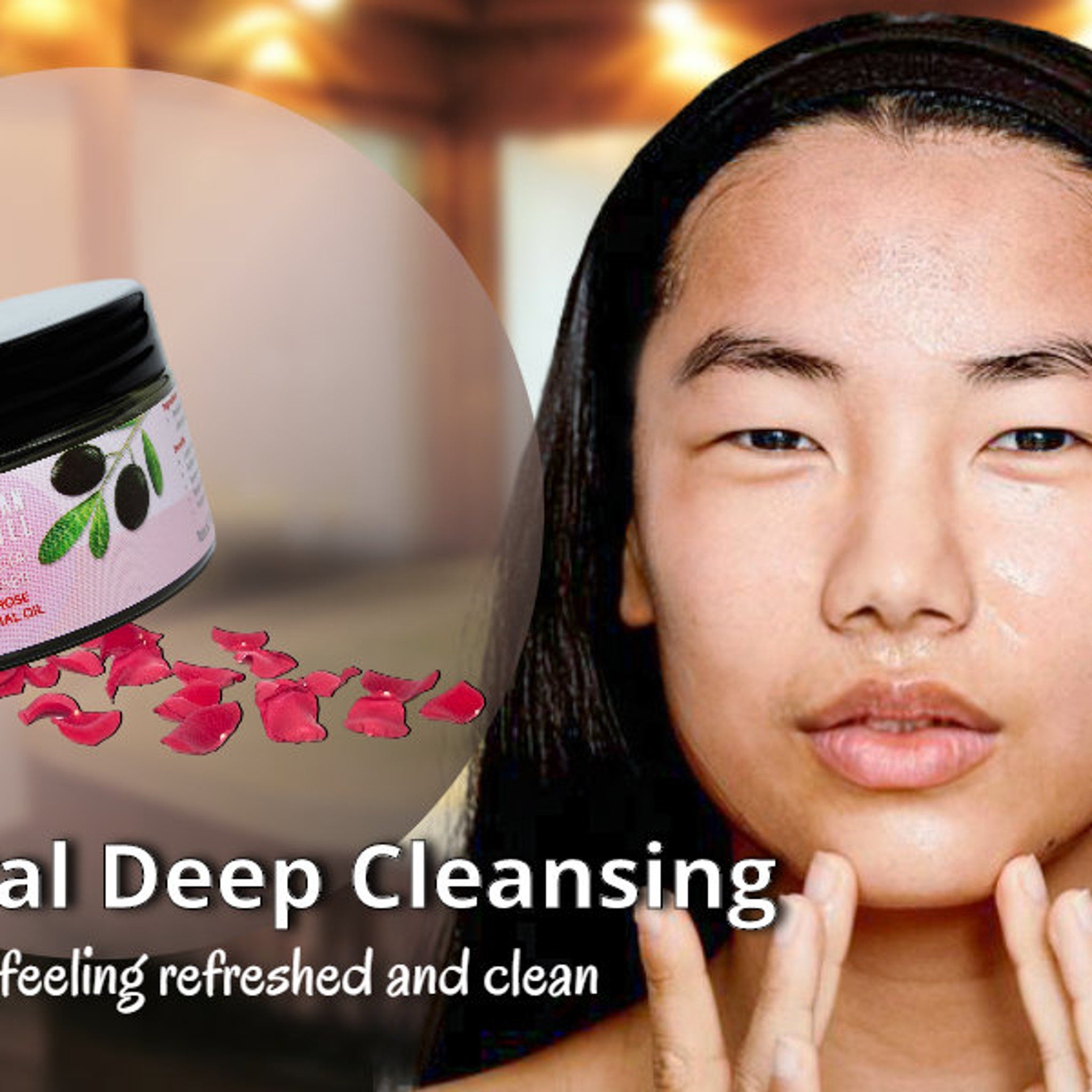 Facial cleanser jar with black lid, pink label, and red rose petals in front of a person's face.
