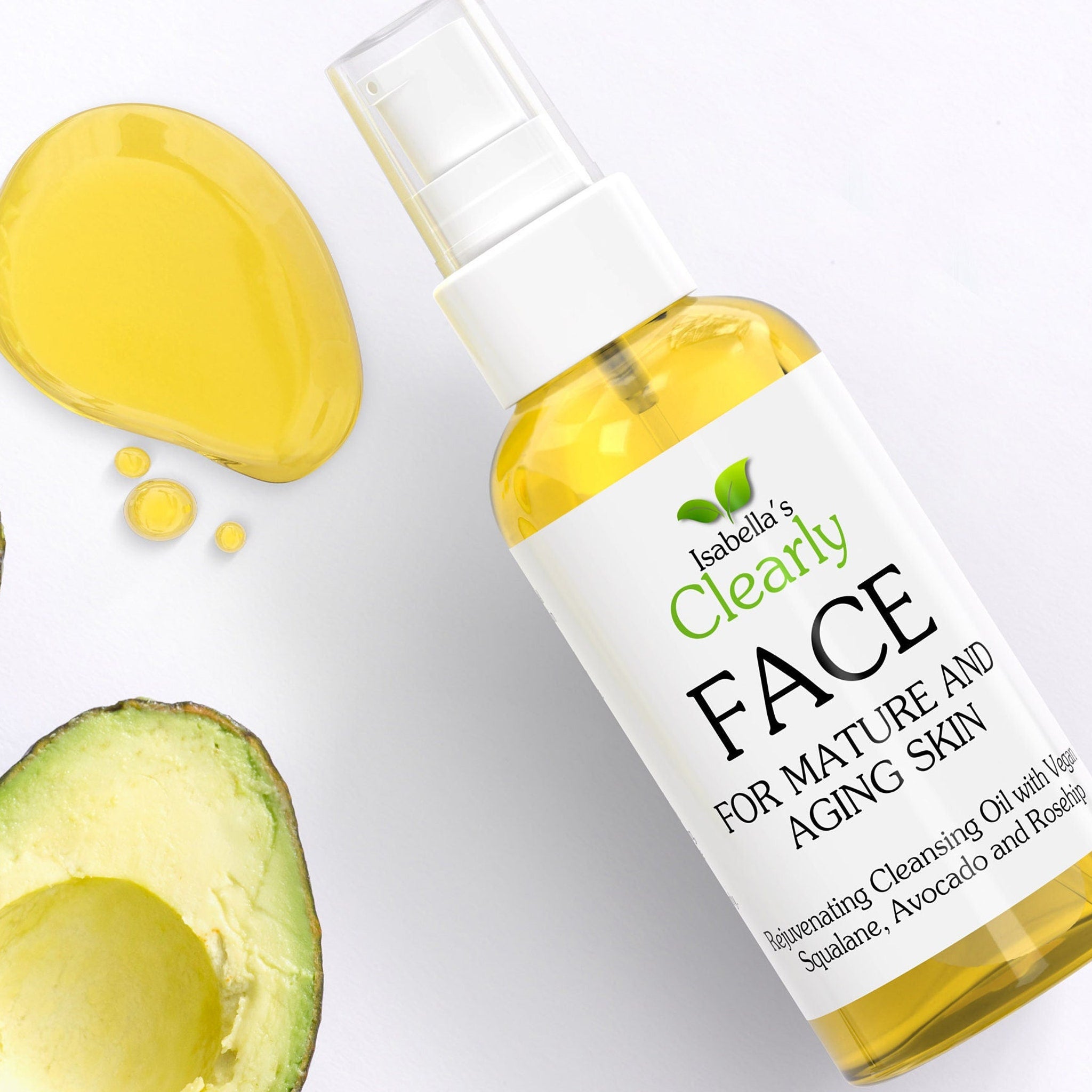 Facial cleanser bottle with yellow liquid, white label, and Clearly FACE brand text