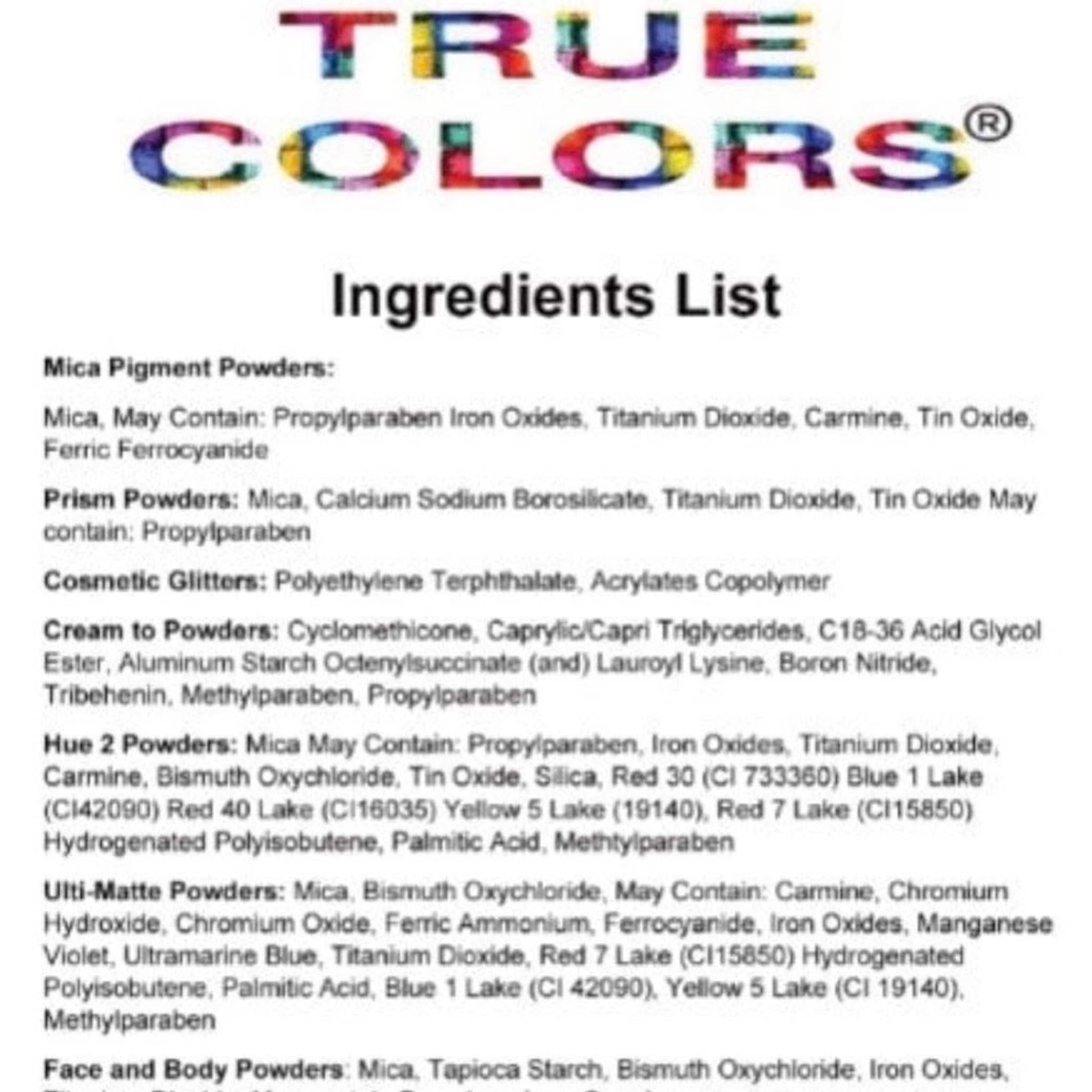 Ingredients list with "TRUE COLORS" text in multicolored letters, white background, and black text.