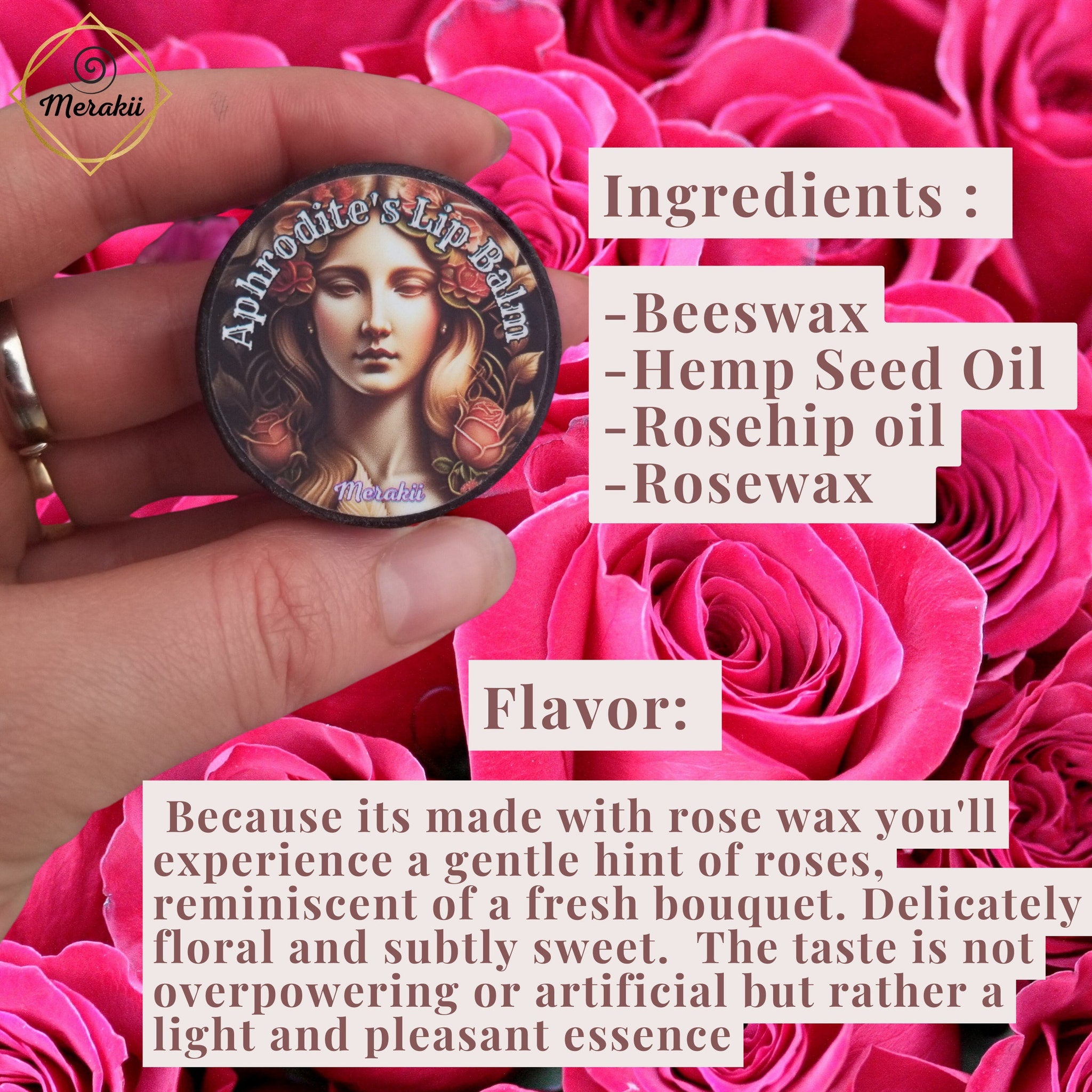 Lip balm tin with floral artwork, held by hand, Merakii brand name visible against rose background