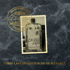 Lavender cologne bottle in black and white photo with "Lavanda Suyu" text and gold seal on dark background