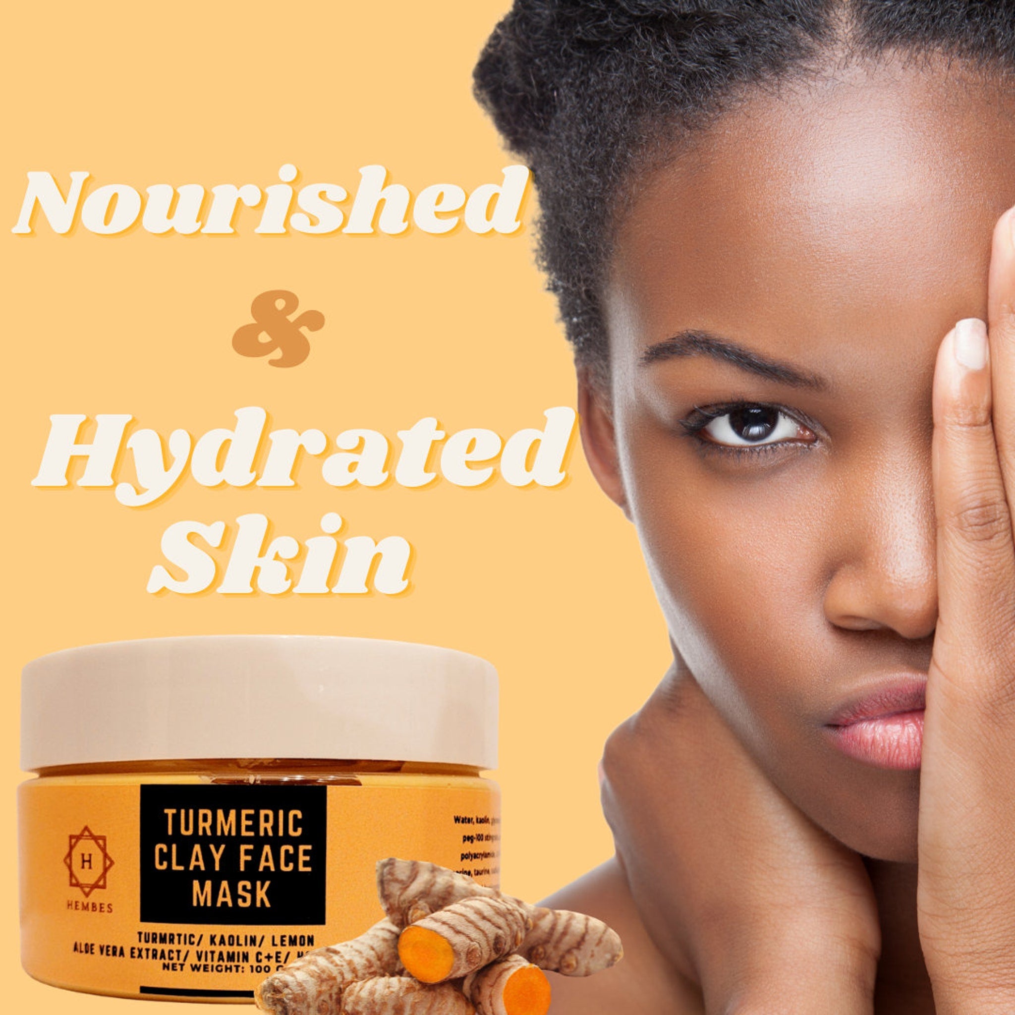Side view of golden turmeric clay mask jar with natural ingredients label and creamy texture visible