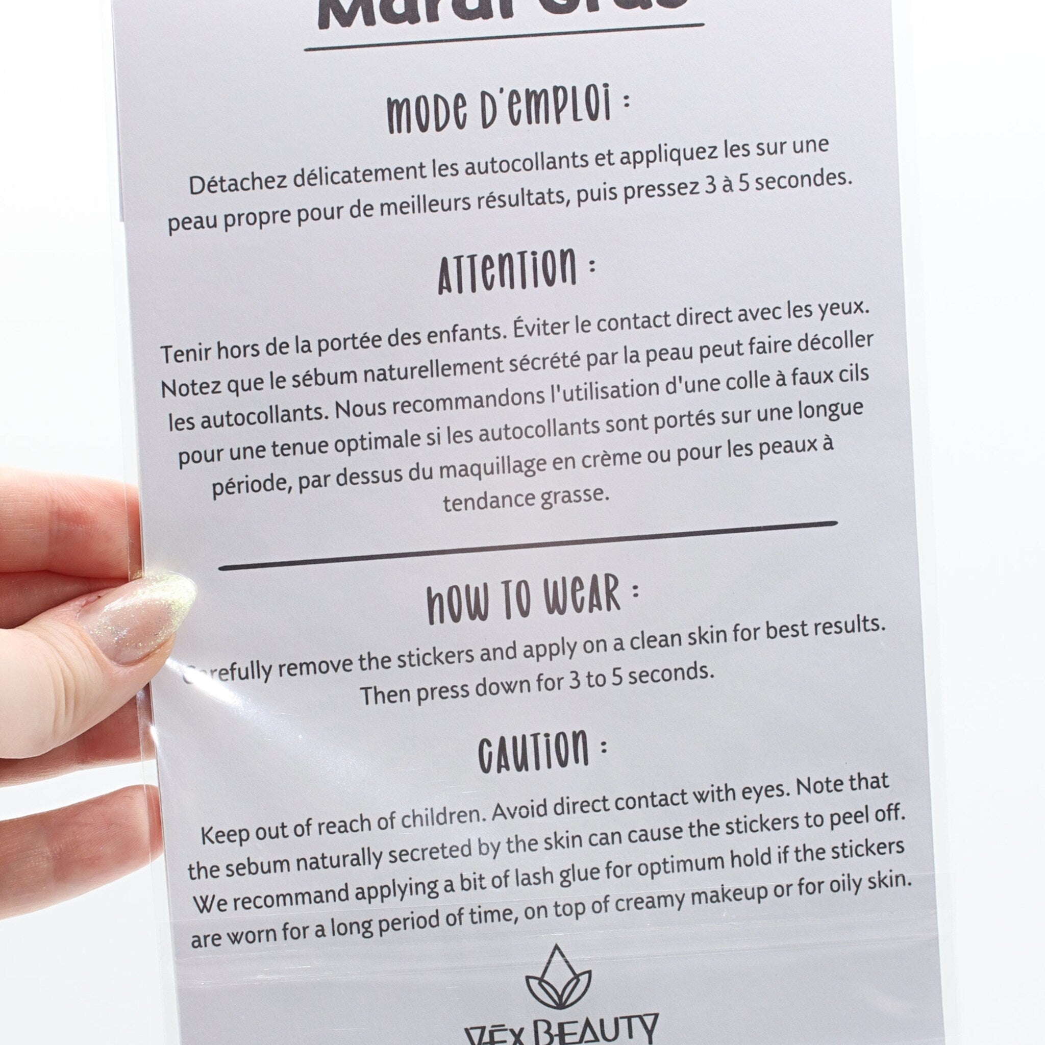 Instruction sheet with white background, black text, and Vex Beauty logo at bottom.