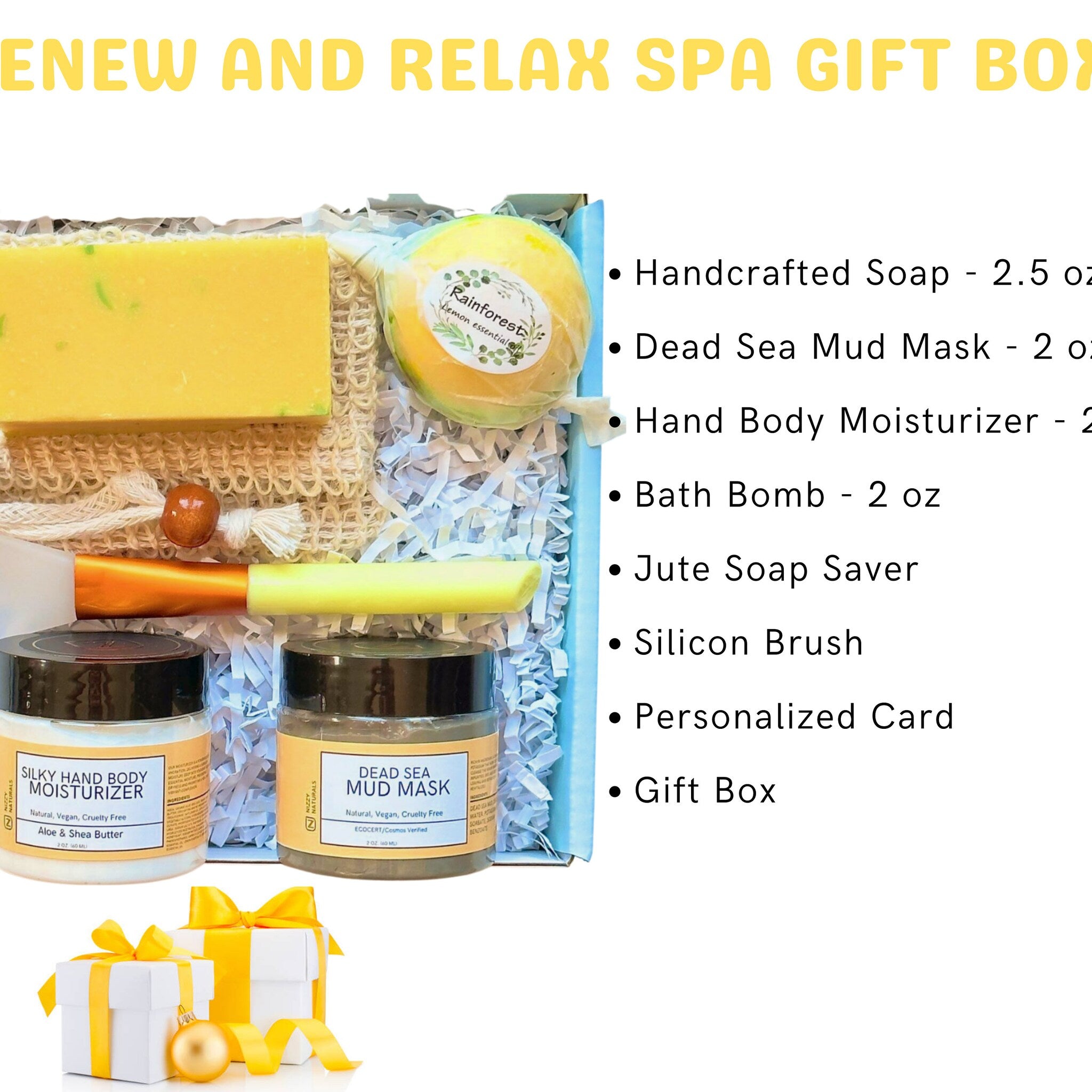 Spa gift box with yellow soap, Nizzy Naturals jars, and white gift boxes with yellow ribbons