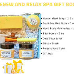 Spa gift box with yellow soap, Nizzy Naturals jars, and white gift boxes with yellow ribbons