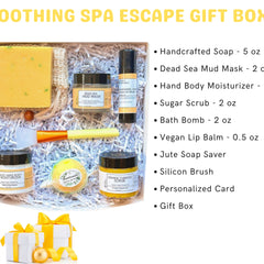 Spa gift box with yellow soap, Nizzy Naturals lip balm, and white gift box with yellow ribbon
