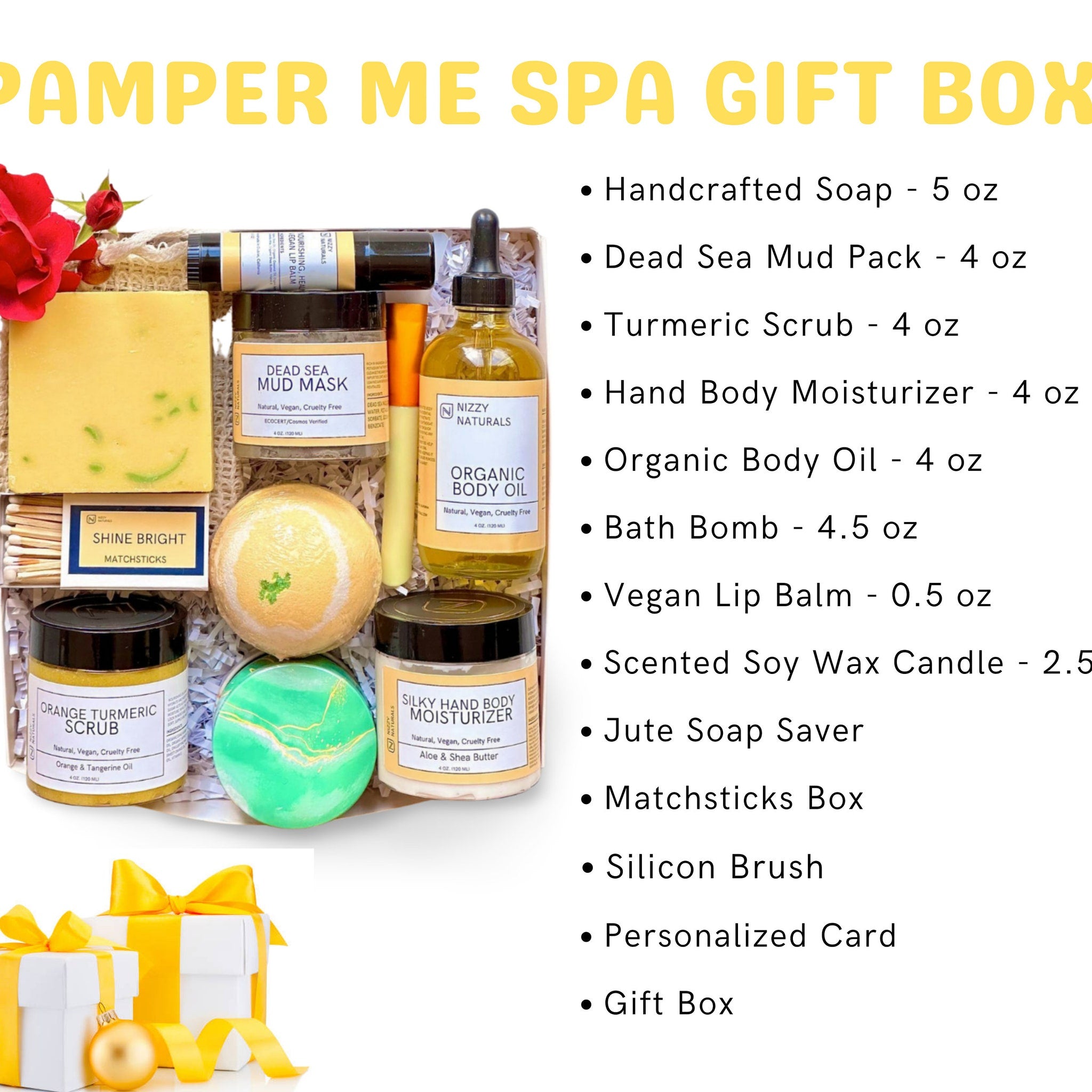 Spa gift box with yellow ribbon, white box, and Nizzy Naturals products inside