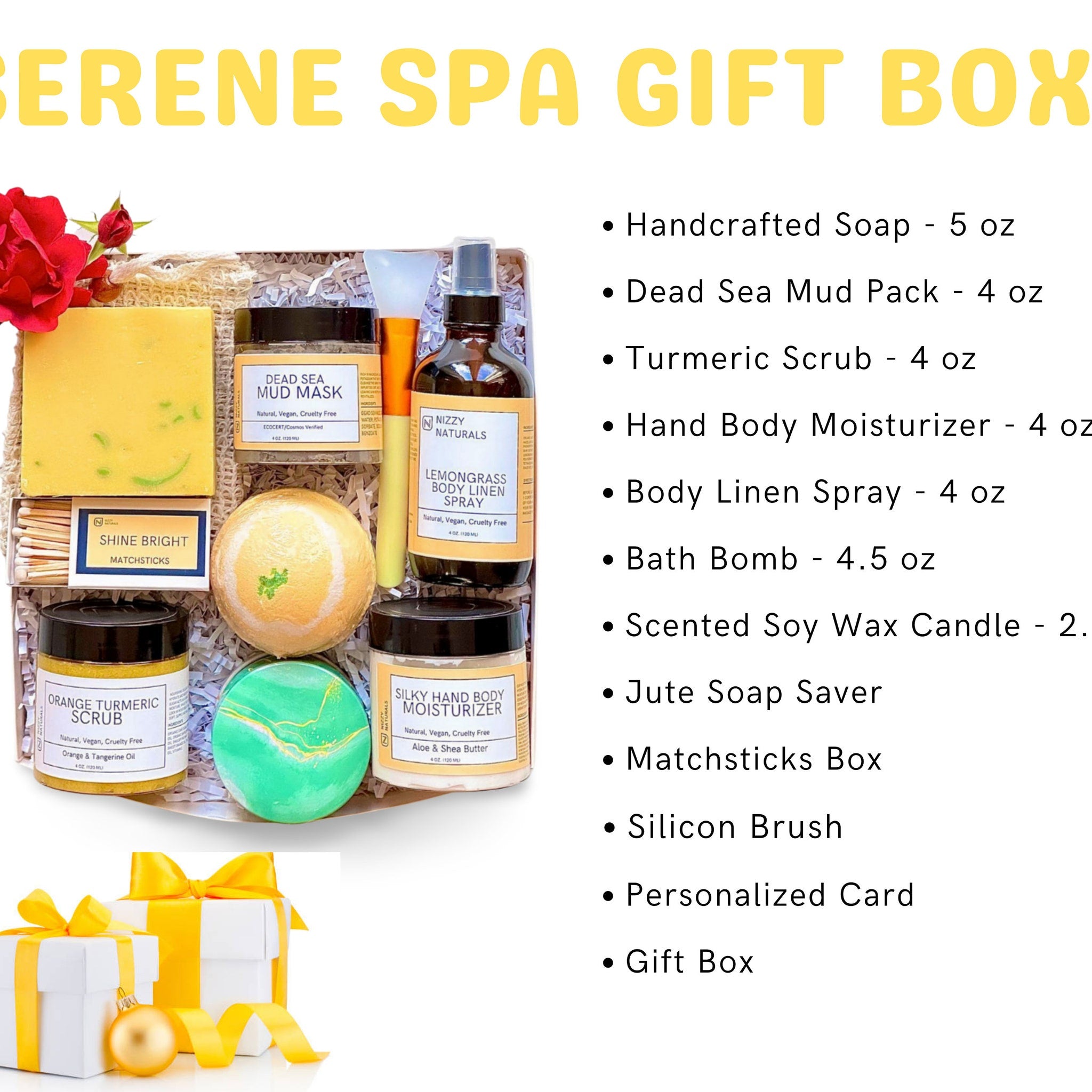 Spa gift box with yellow soap, green bath bomb, and Nizzy Naturals products inside a box with a bow