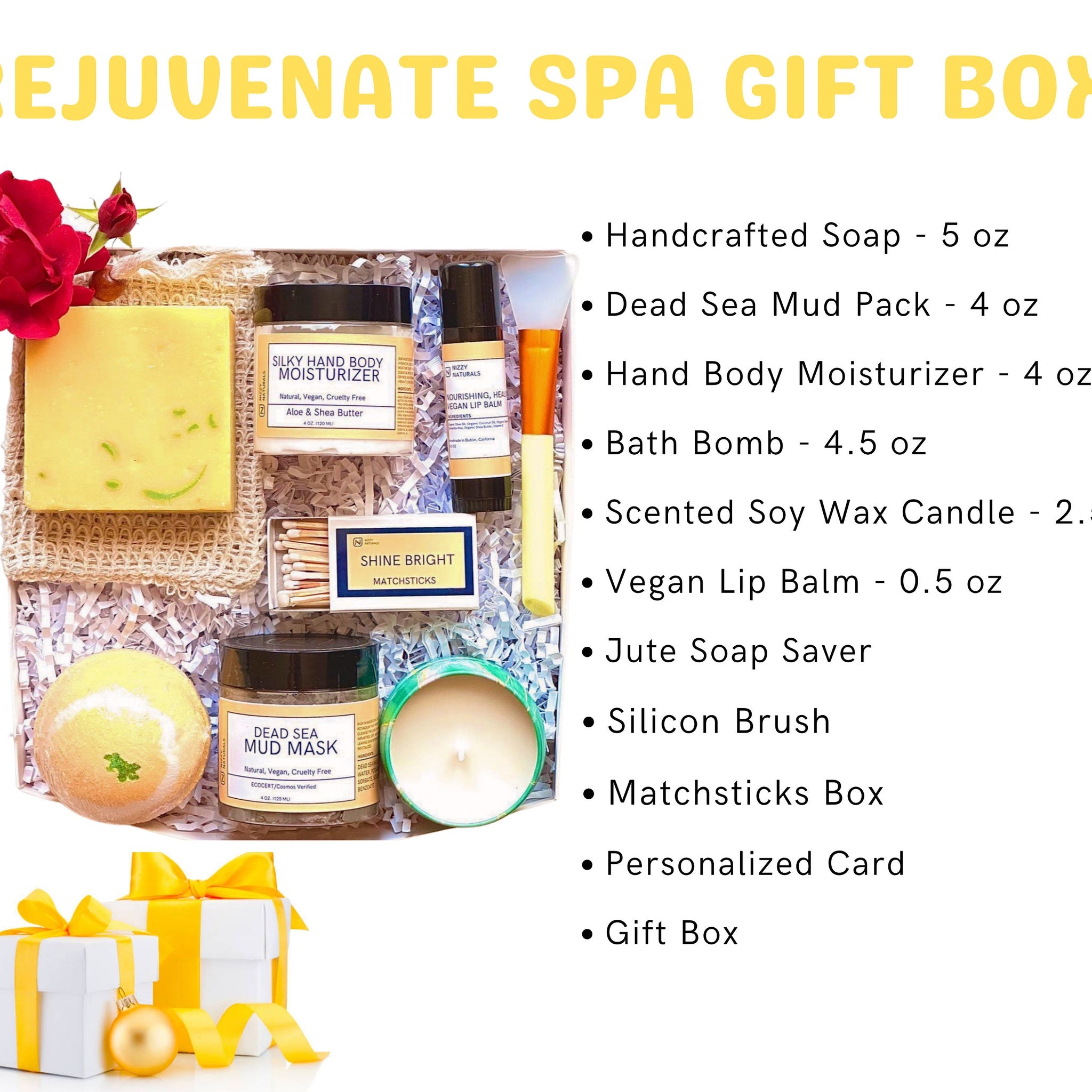 Spa gift box with yellow soap, white box, and gold ribbon, for gifting.