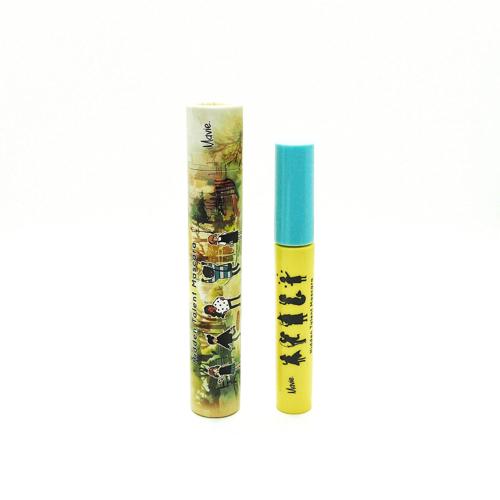 Mascara tube with yellow and blue colors, printed with "Hidden Talent Mascara" and "Mavie" text, cylindrical shape