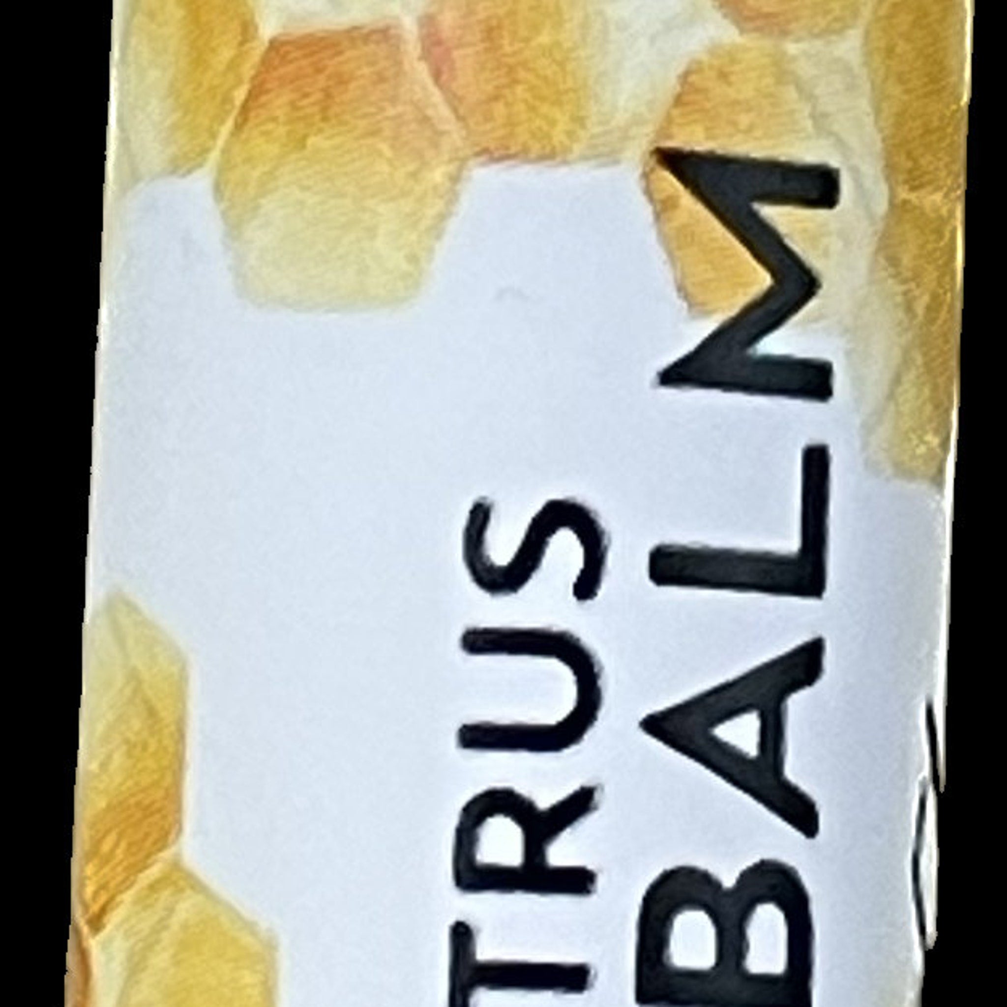 Citrus balm label with white background and black text, honeycomb pattern, vertical orientation
