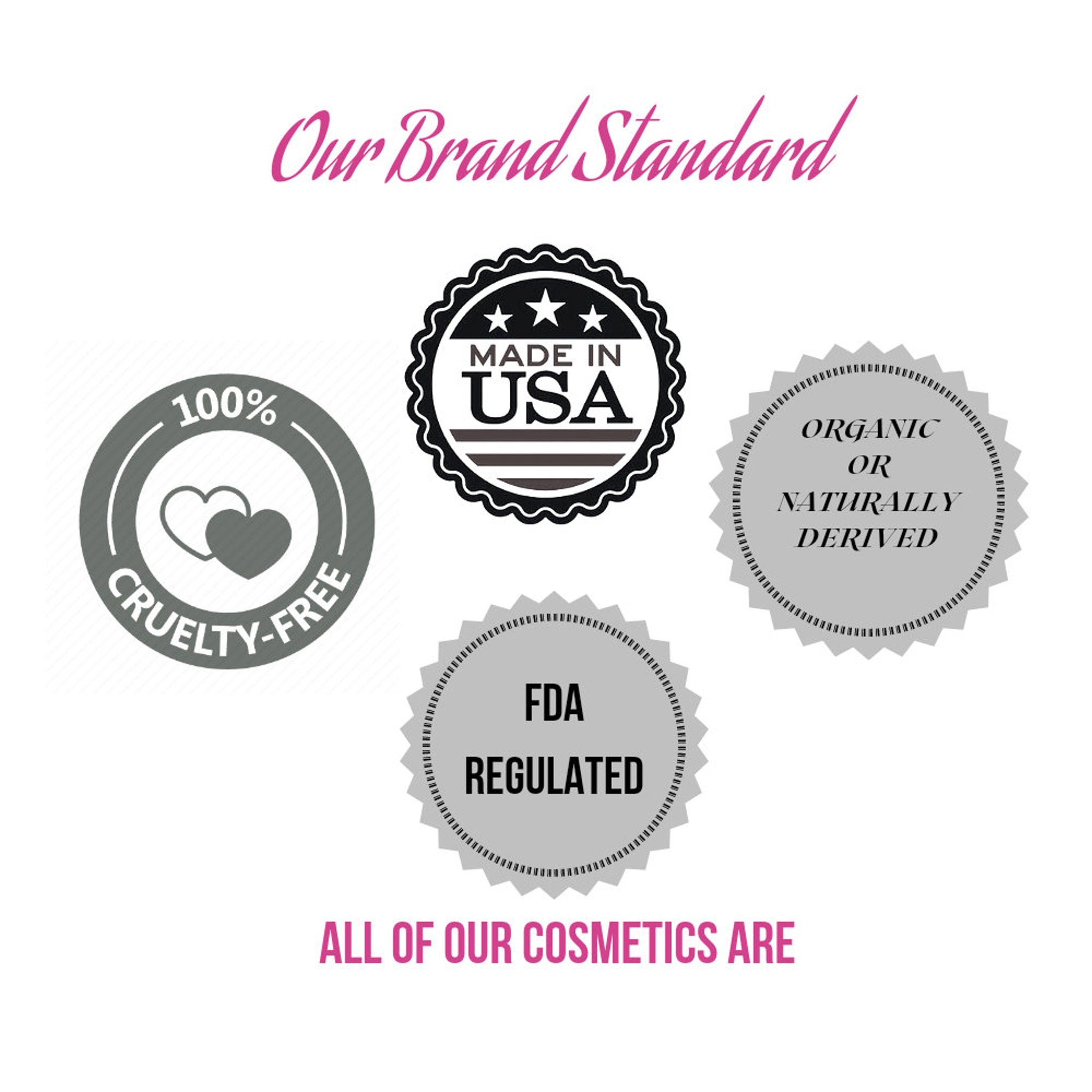 Cruelty-free cosmetics graphic with gray and black circular seals, "Made in USA" text, and "FDA Regulated" seal