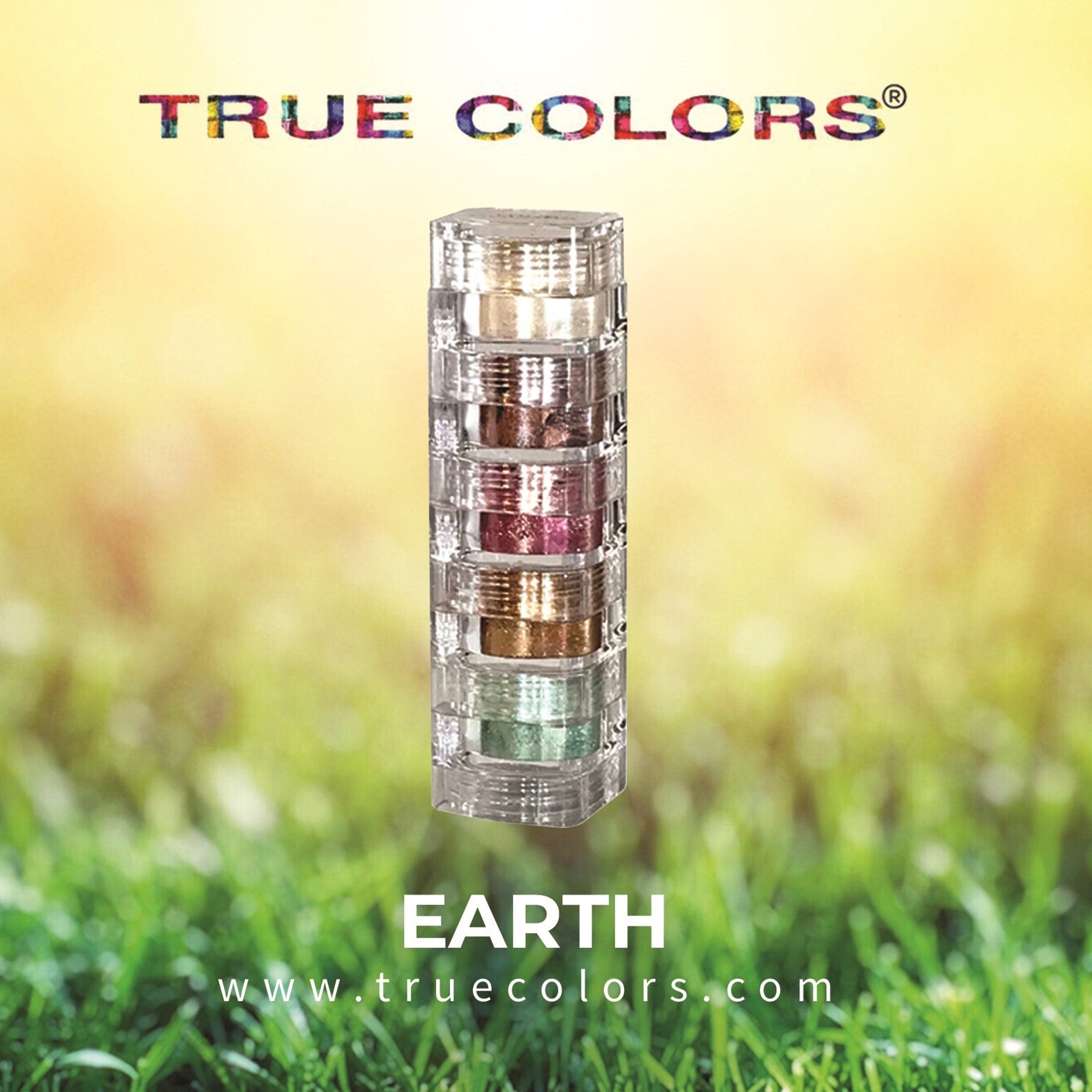 Eye shadow stack with earth tone colors in clear plastic container, True Colors brand