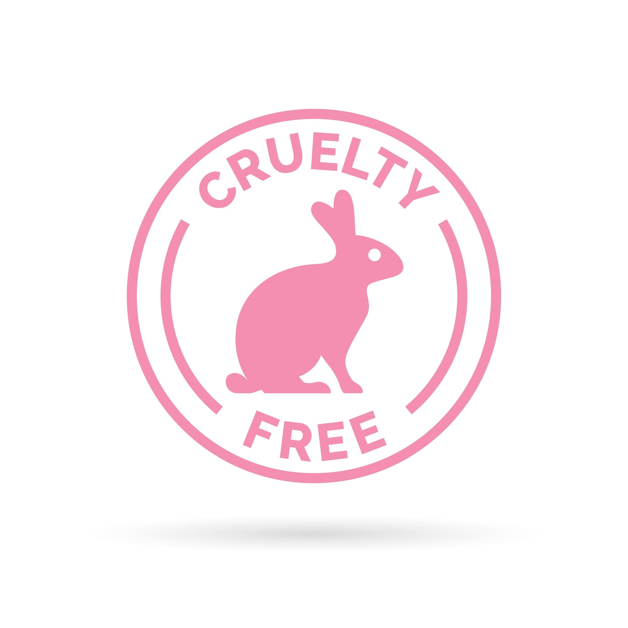Cruelty free symbol, pink bunny and text in a circle, white background, shadow effect