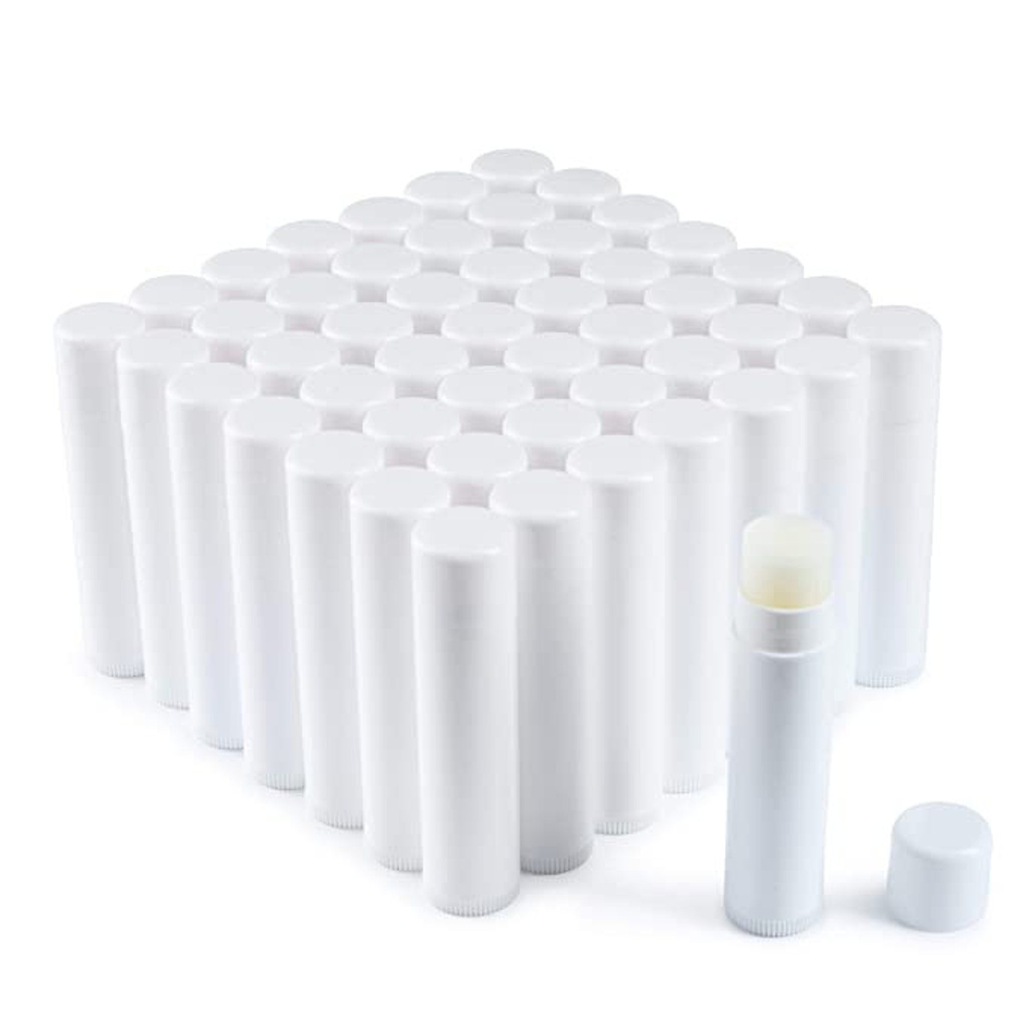 Lip balm tubes, white plastic, cylindrical shape, with exposed balm and cap
