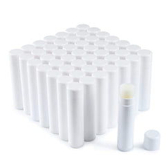 Lip balm tubes, white plastic, cylindrical shape, with exposed balm and cap
