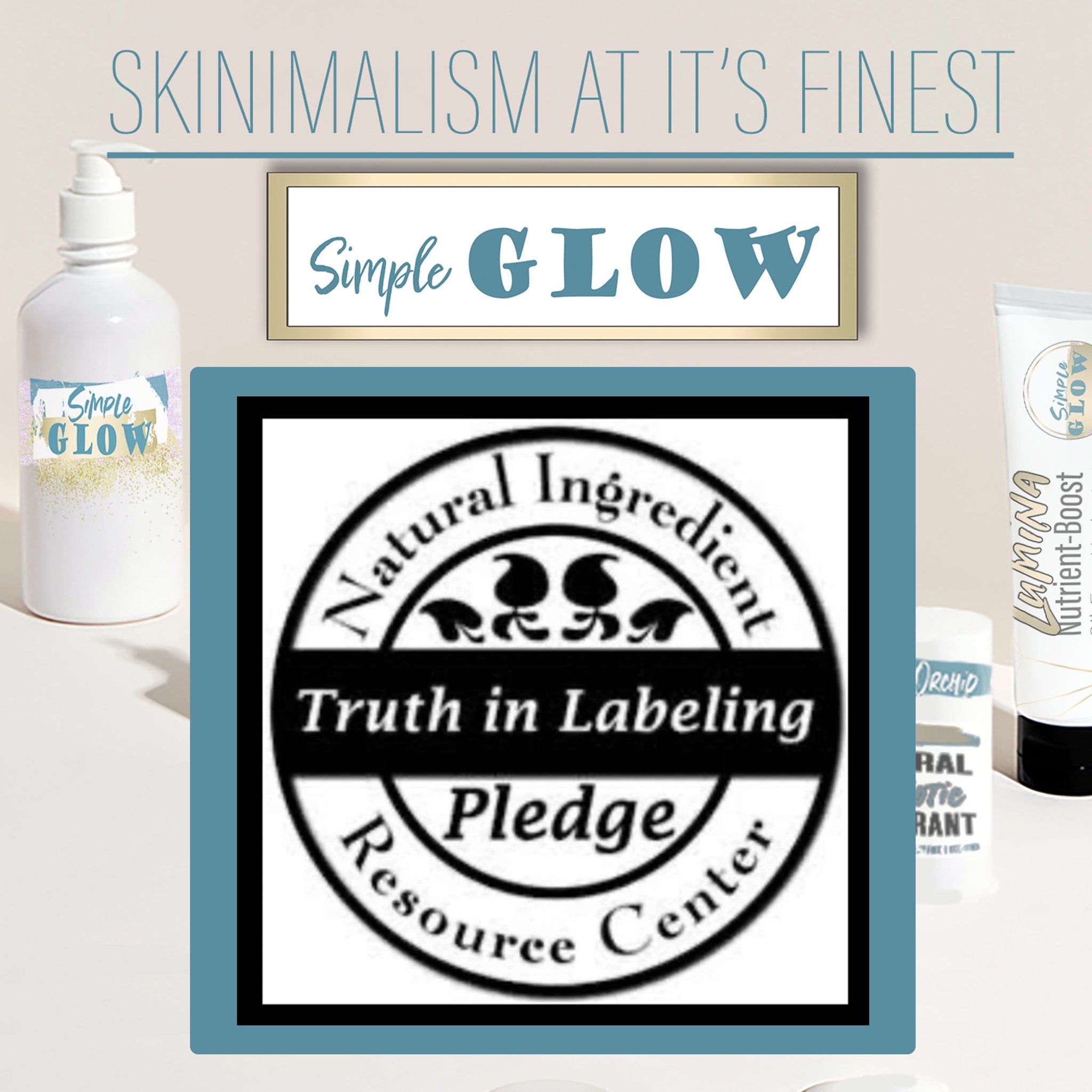 Simple GLOW skincare products, white bottles with Simple GLOW label, black and white "Natural Ingredient" badge