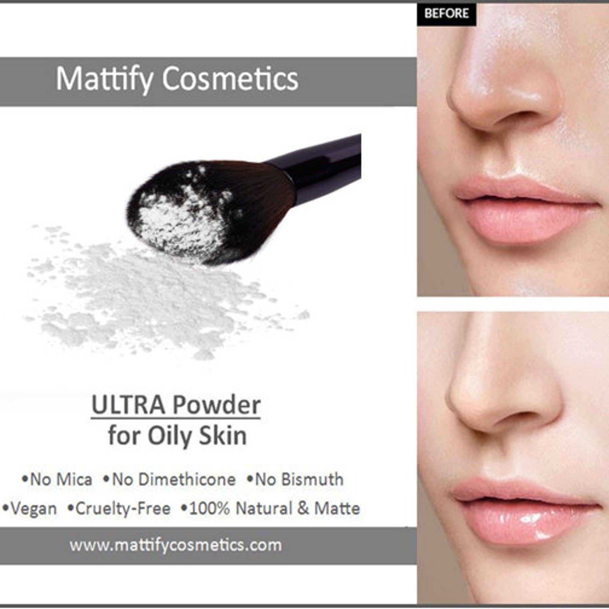 Powder for oily skin with black brush and white powder, Mattify Cosmetics brand, before and after skin comparison