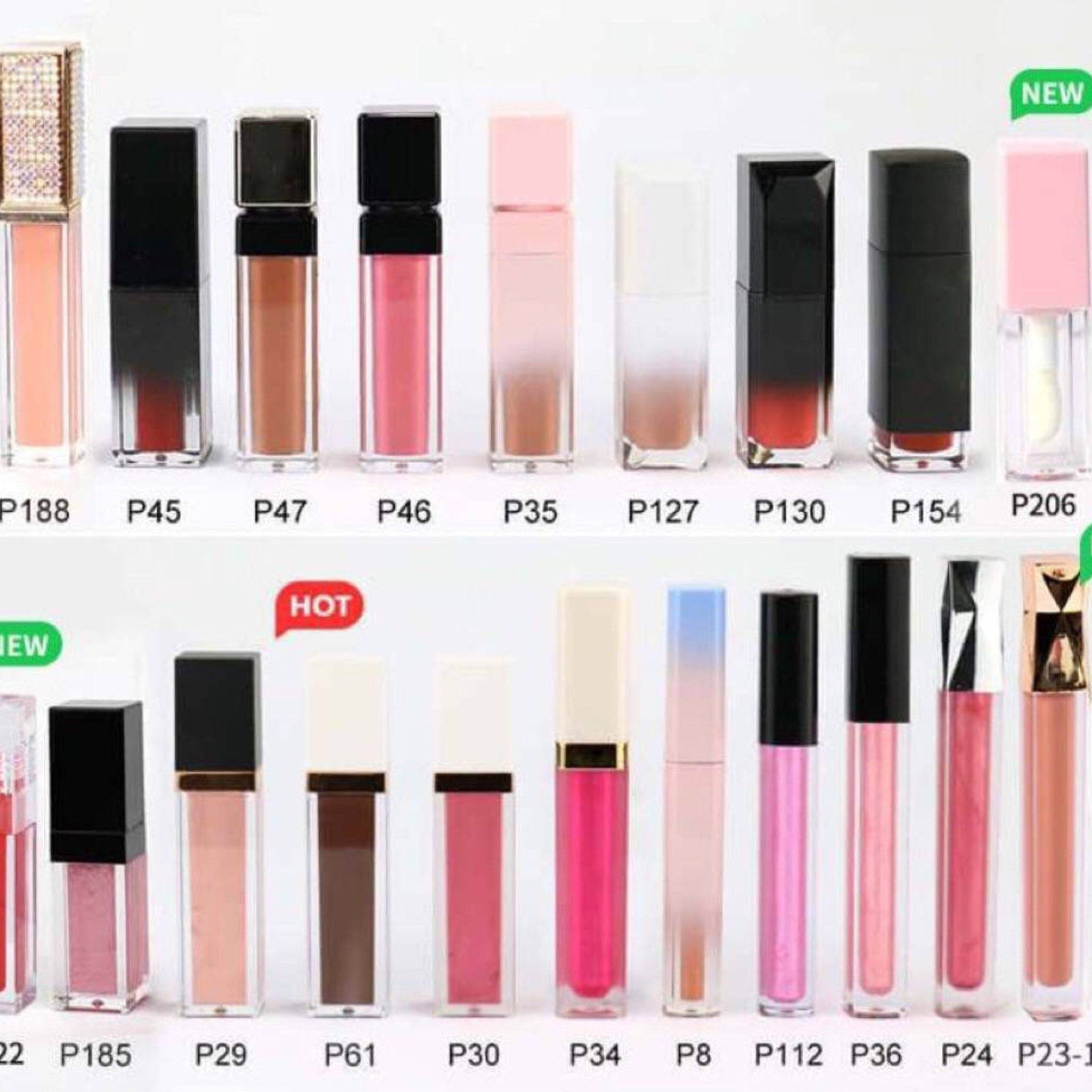 Lip gloss tubes in various colors, with black, white, and gold caps, and clear tubes