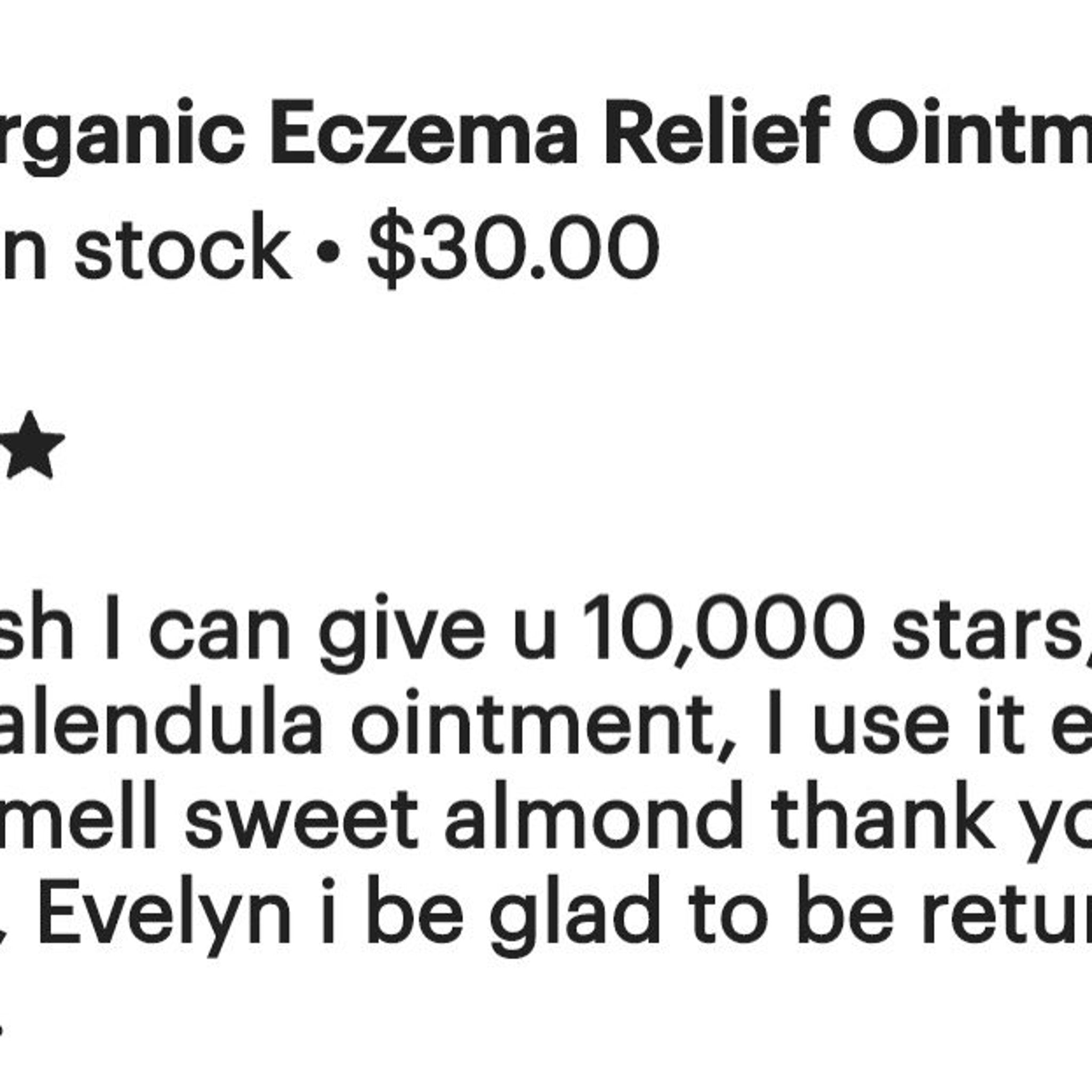 Eczema relief ointment text with black font, white background, and star icon, plus price $30.00