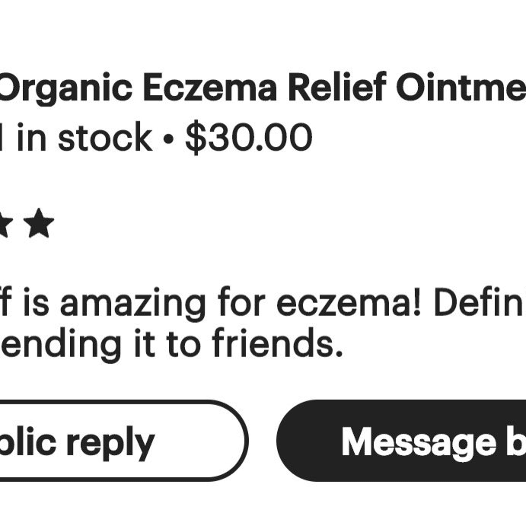 Eczema relief product text in black and white with star rating and call to action buttons
