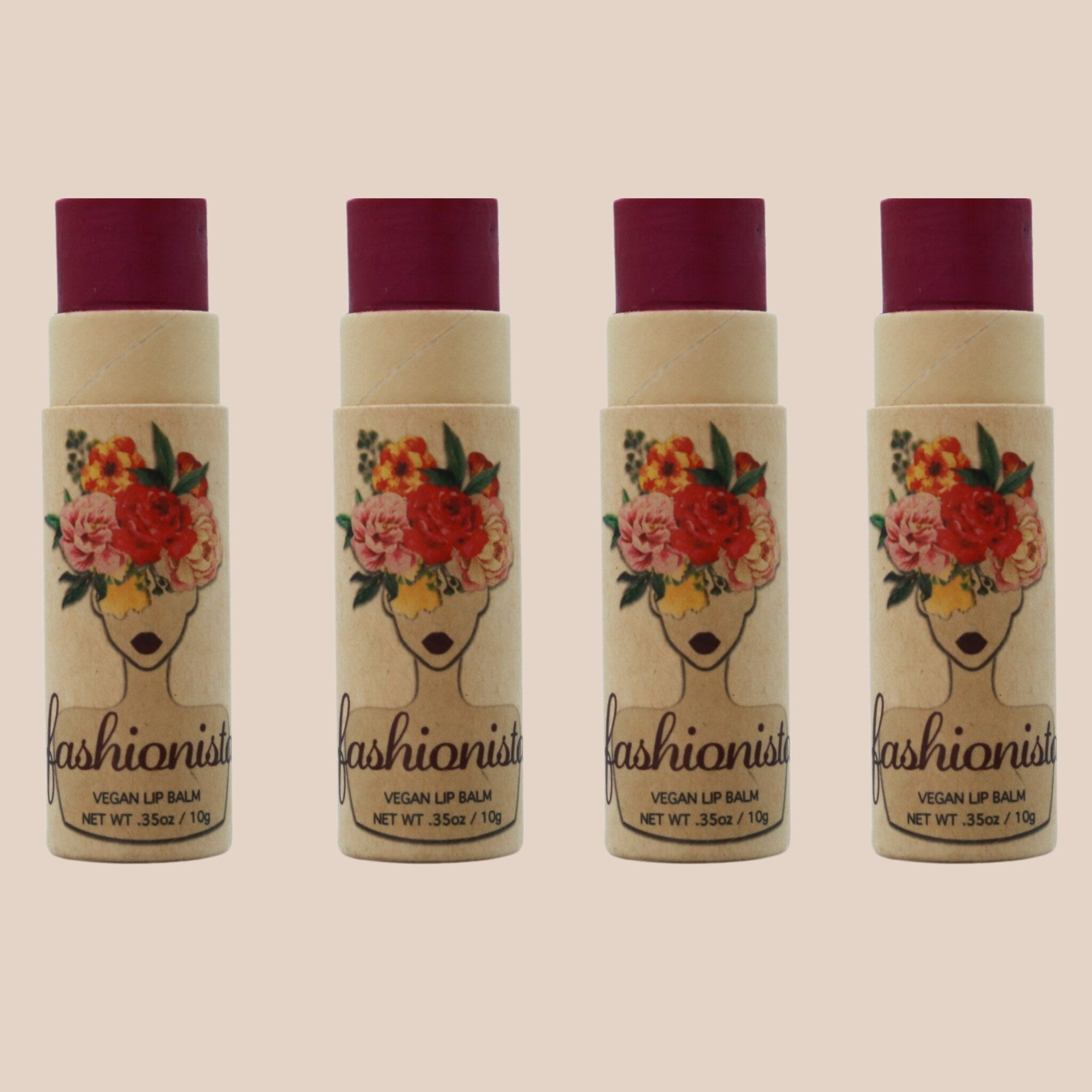 Lip balm sticks with maroon tops, floral design, and "fashionist" text on the beige tubes