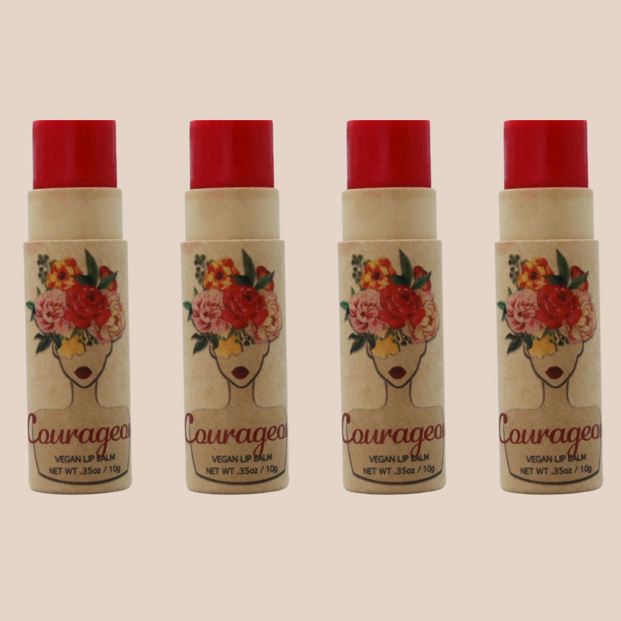 Lip balm tubes with red cap, floral design, and "Courageo" text on beige paper