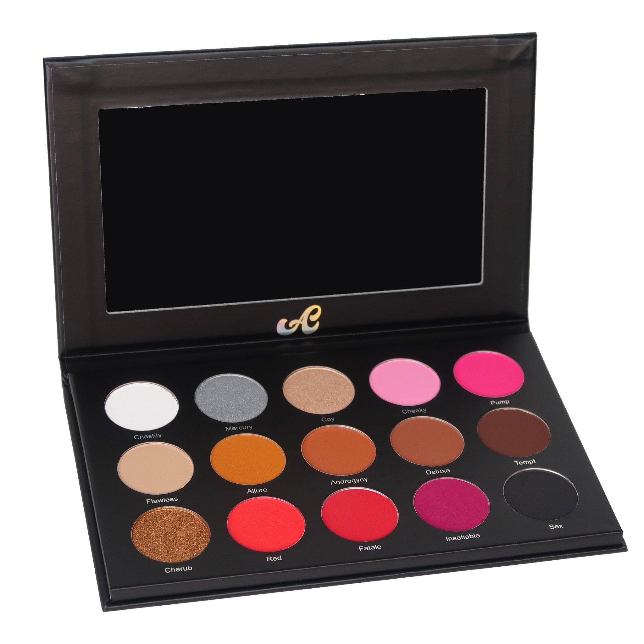 Eyeshadow palette with black frame, various color eyeshadows, and mirror