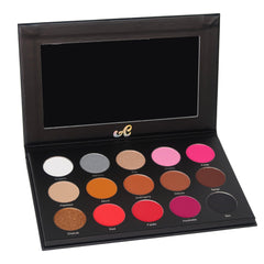 Eyeshadow palette with black frame, various color eyeshadows, and mirror