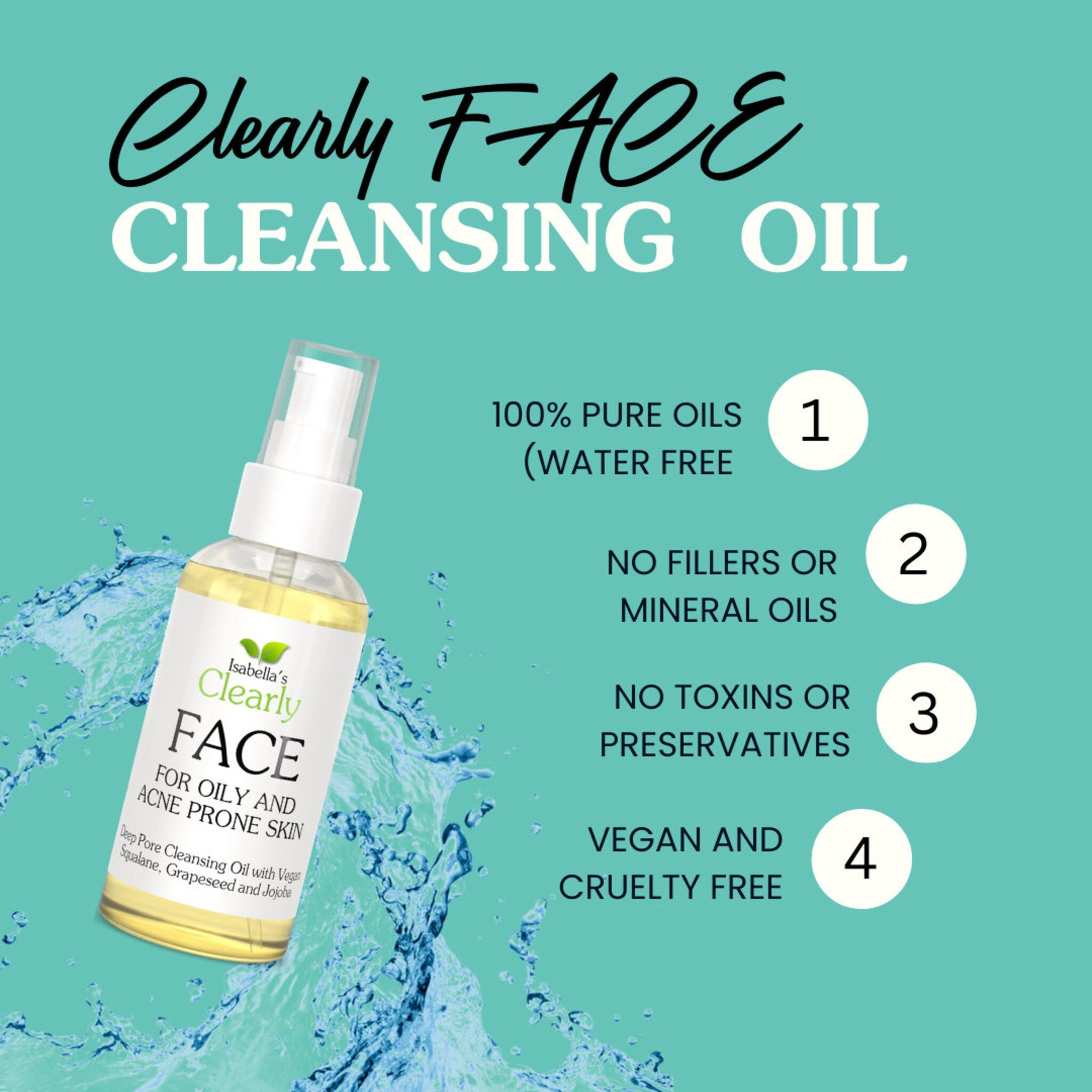 Cleansing oil bottle with white and clear plastic, yellow liquid, and Clearly FACE label against teal background