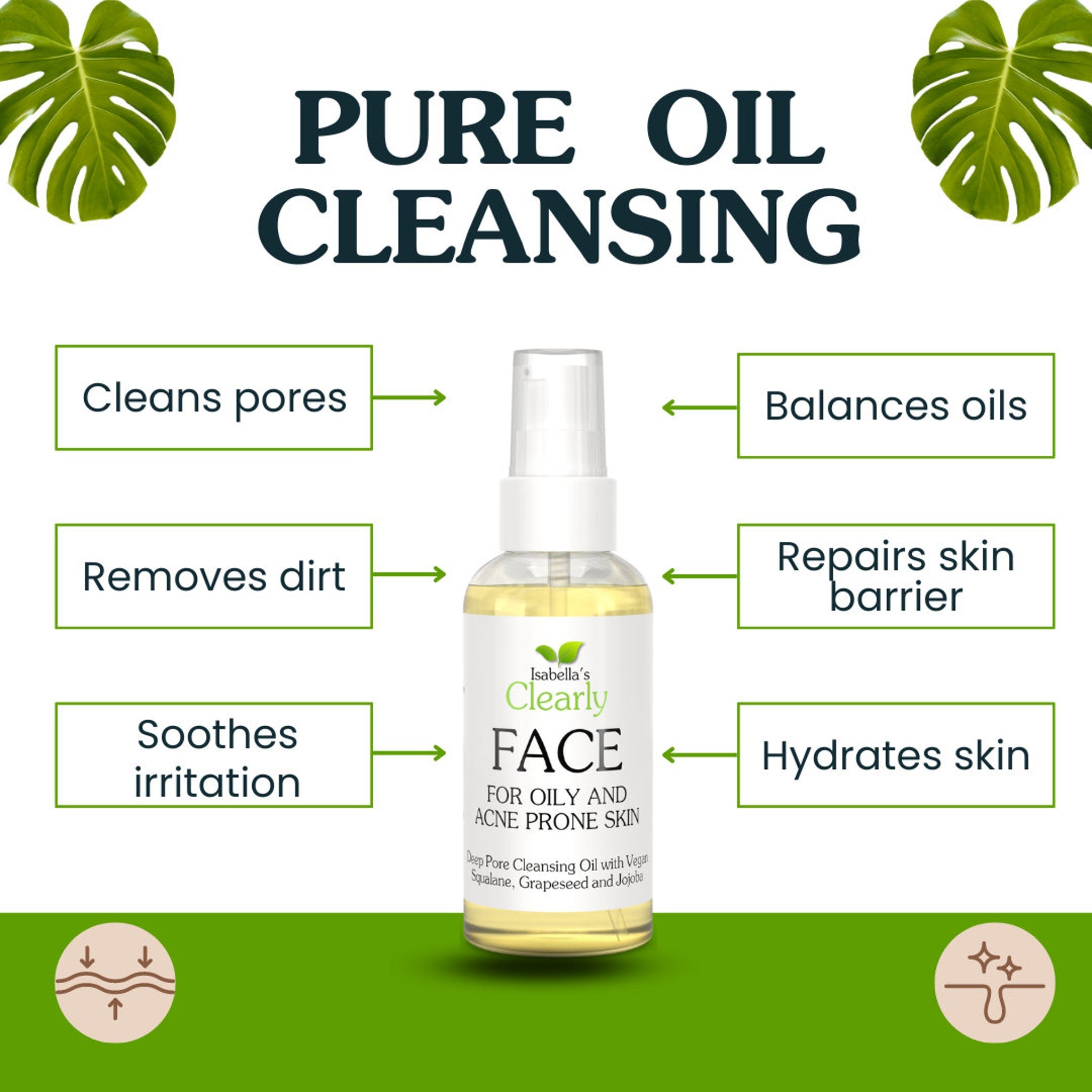Pure oil cleansing bottle, clear liquid, white pump, Clearly FACE brand label